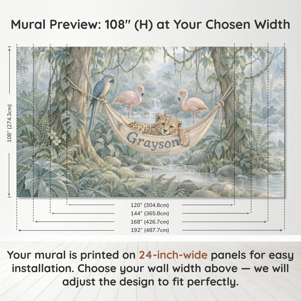 Storybook personalized wall mural of a cheetah cub in a name hammock, panel layout and size, by Whimsy Tots