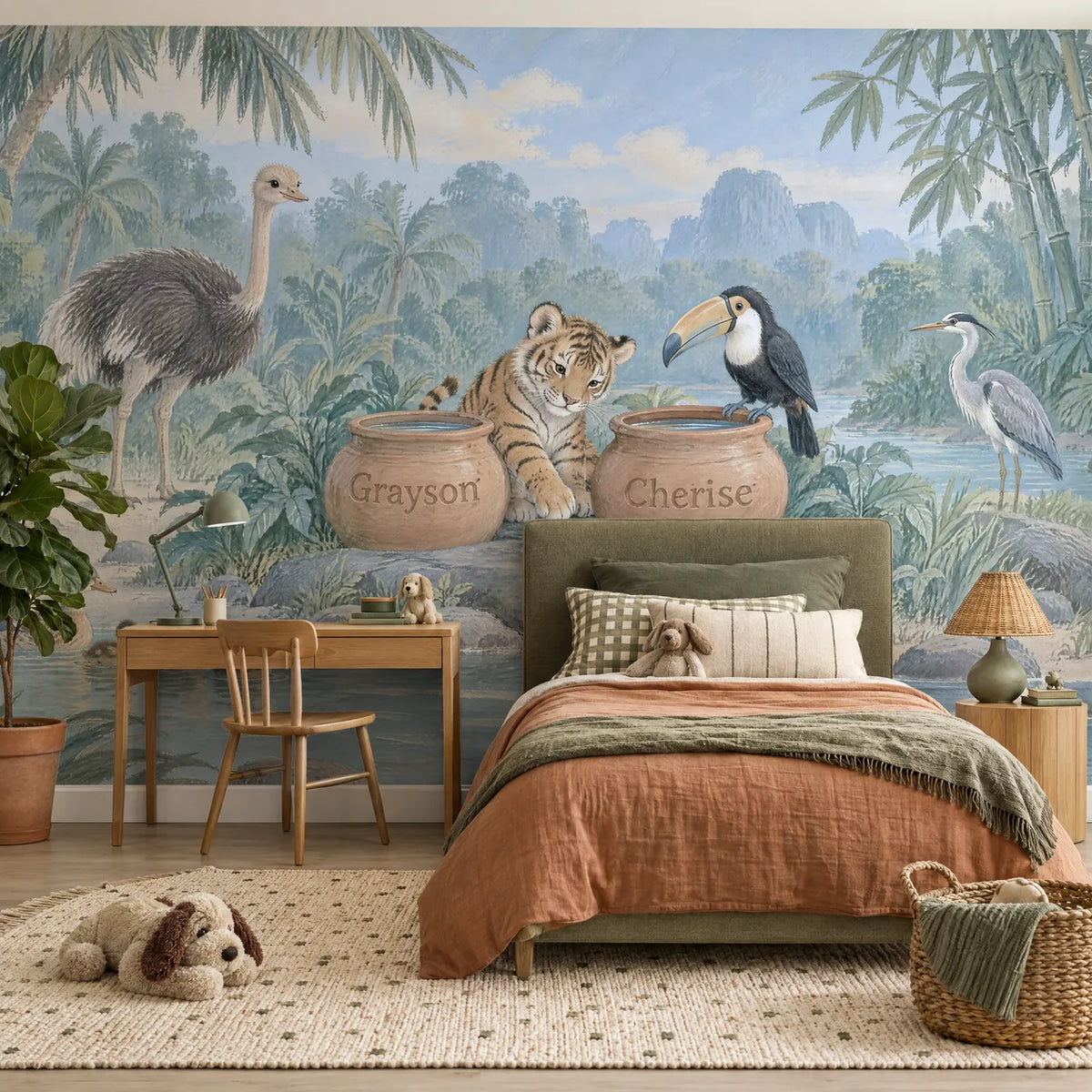 Gouache personalized wall mural of a tiger cub and two name pots, in a styled room, by Whimsy Tots