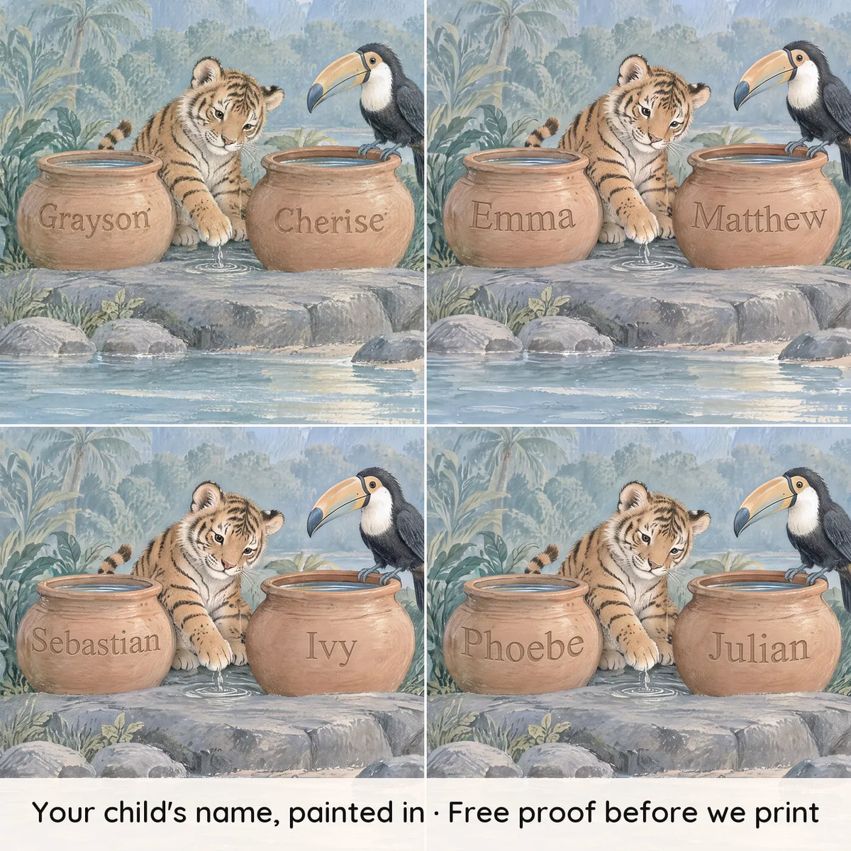 Gouache personalized wall mural of a tiger cub and two name pots, with four example names, by Whimsy Tots