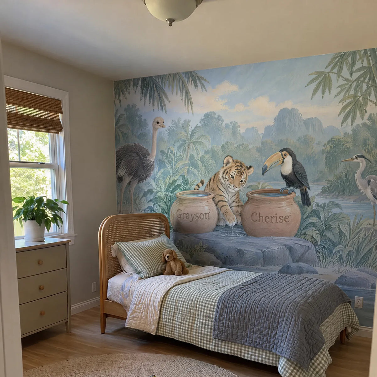 Gouache personalized wall mural of a tiger cub and two name pots, in a room photo, by Whimsy Tots