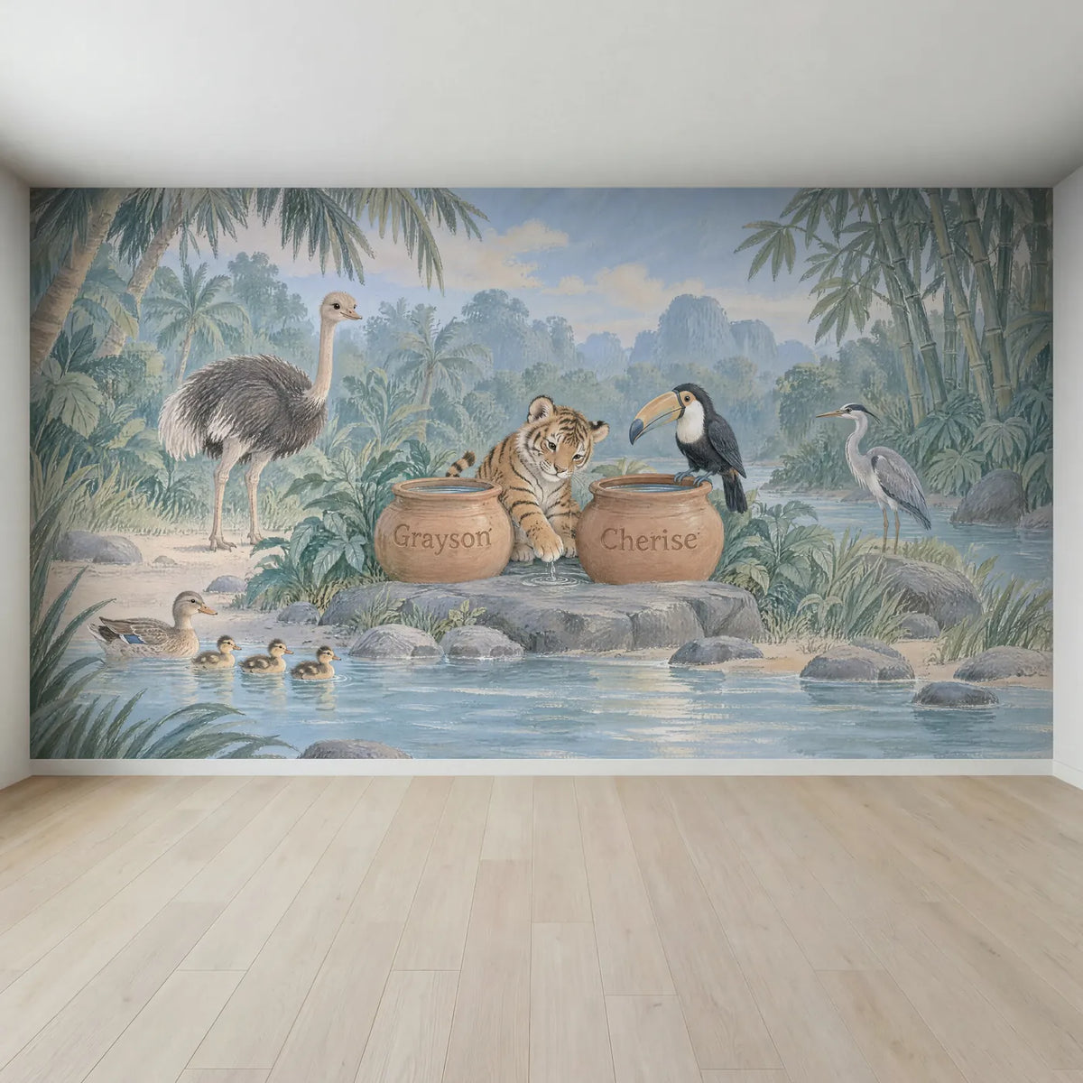 Gouache personalized wall mural of a tiger cub and two name pots, full mural design, by Whimsy Tots