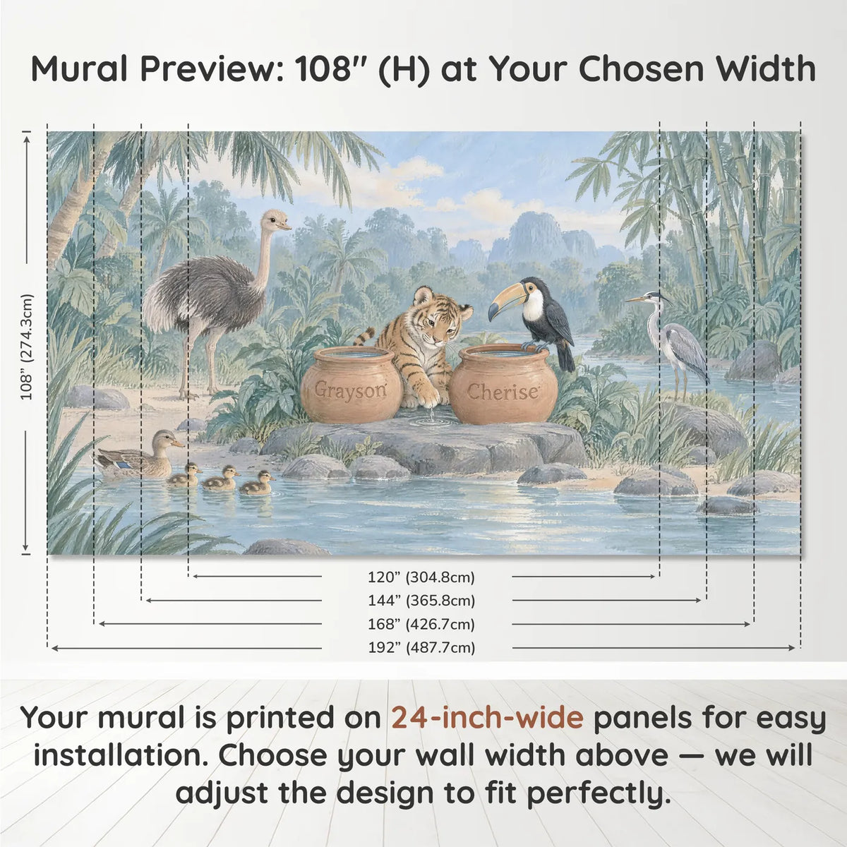 Gouache personalized wall mural of a tiger cub and two name pots, panel layout and size, by Whimsy Tots