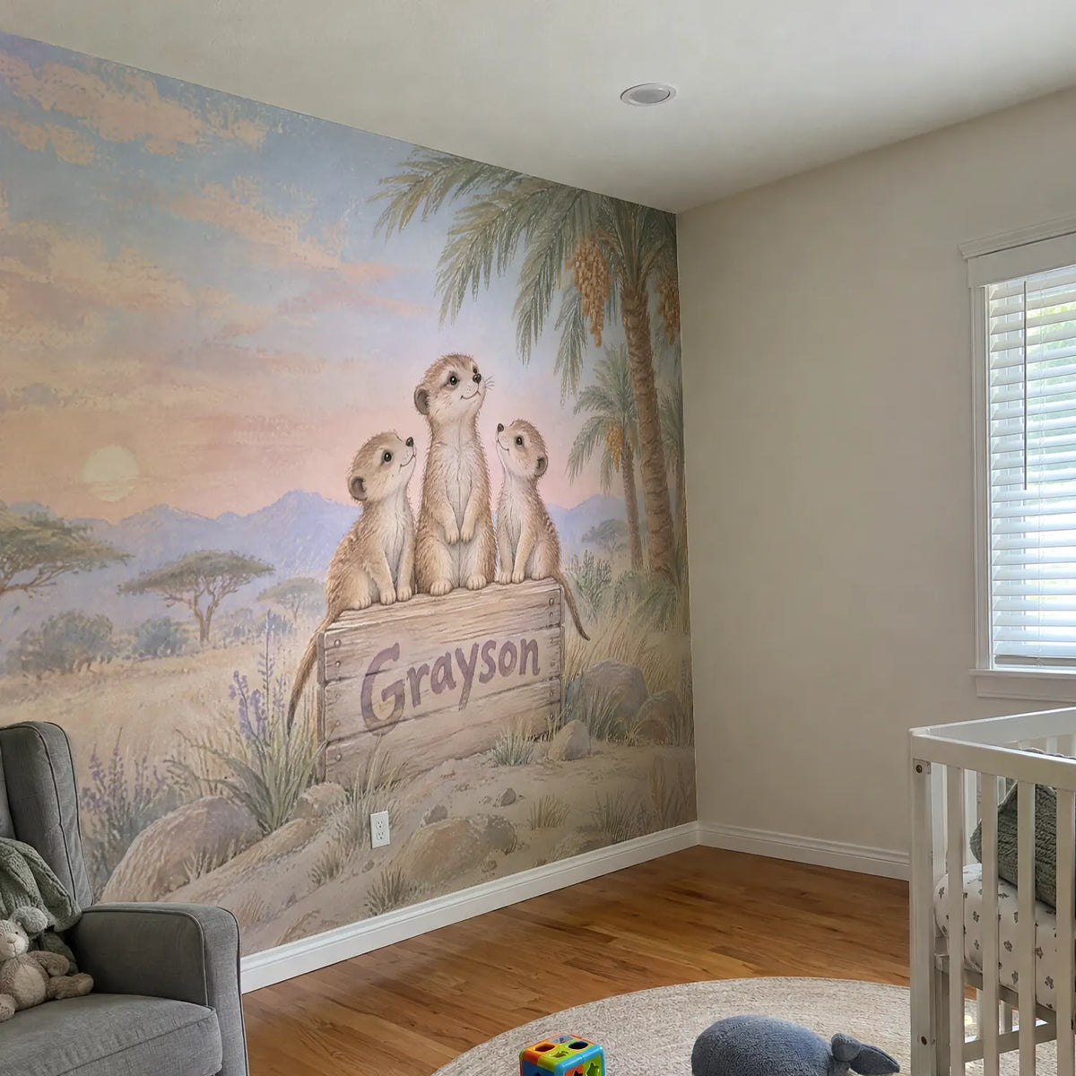 Gouache meerkat personalized wall mural for a nursery, in a room photo, by Whimsy Tots