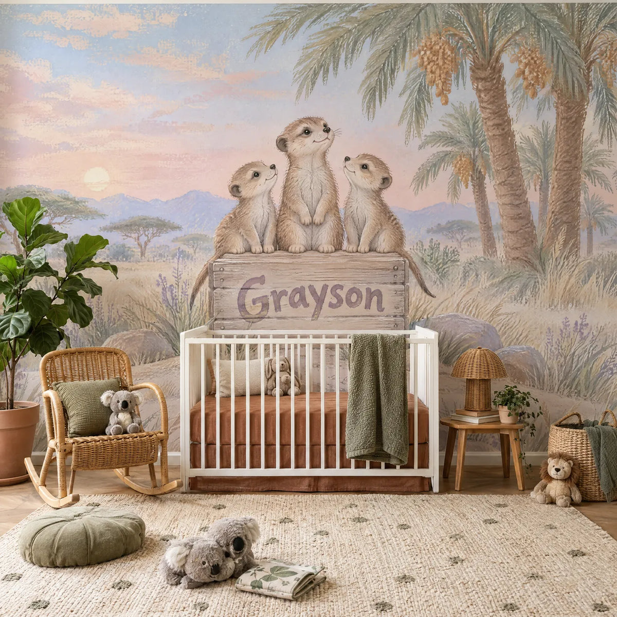 Gouache meerkat personalized wall mural for a nursery, in a styled room, by Whimsy Tots