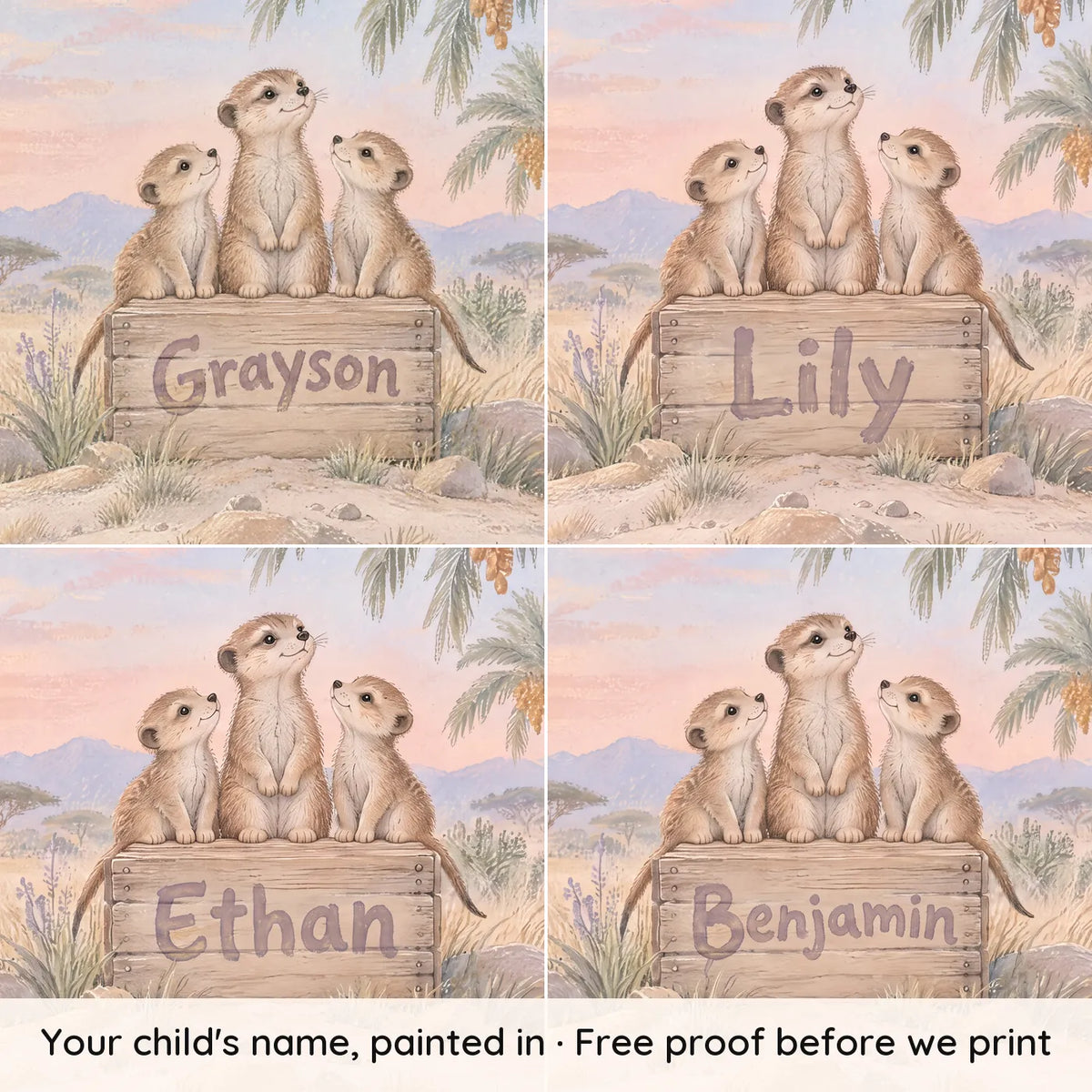 Gouache meerkat personalized wall mural for a nursery, with four example names, by Whimsy Tots