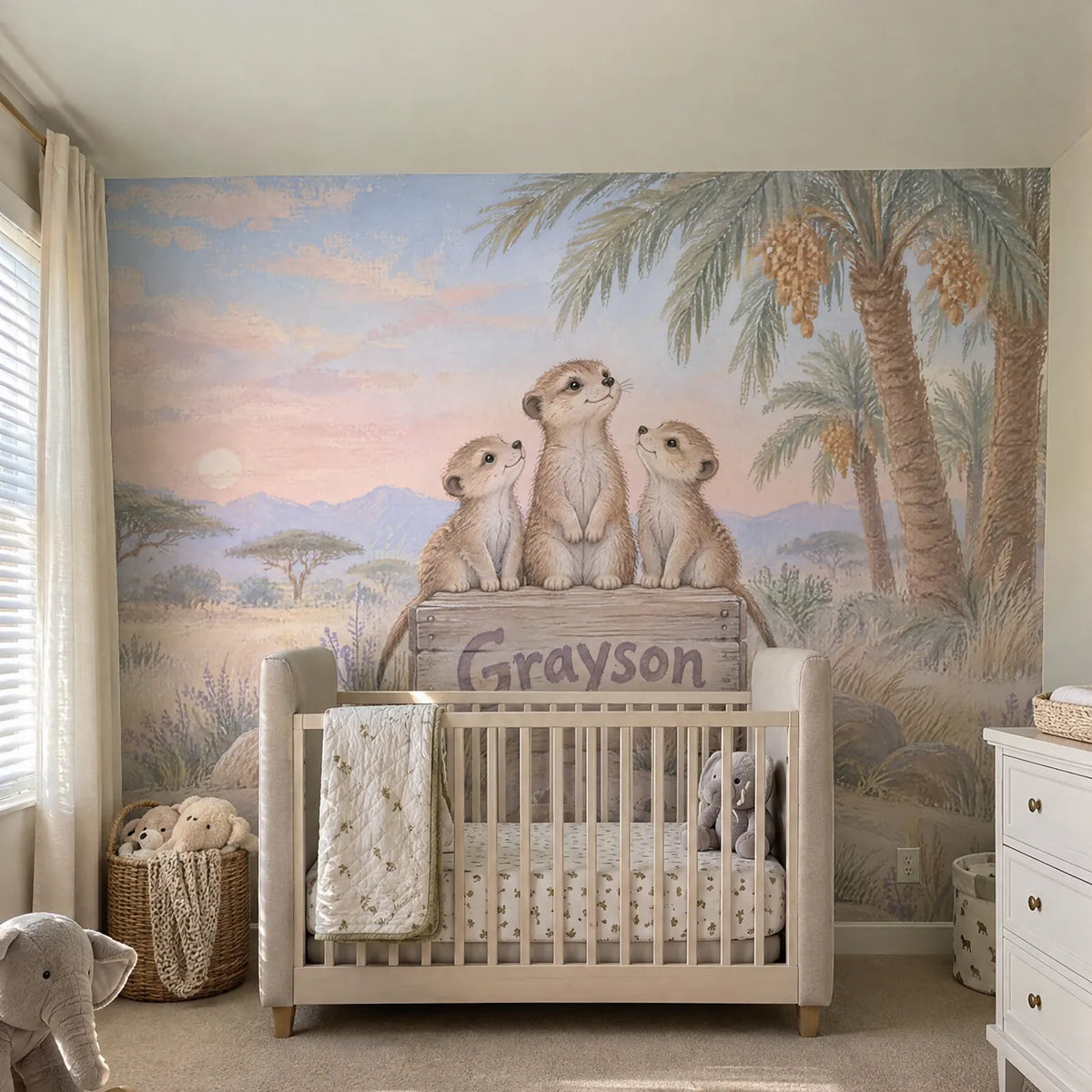 Gouache meerkat personalized wall mural for a nursery, in a room photo, by Whimsy Tots