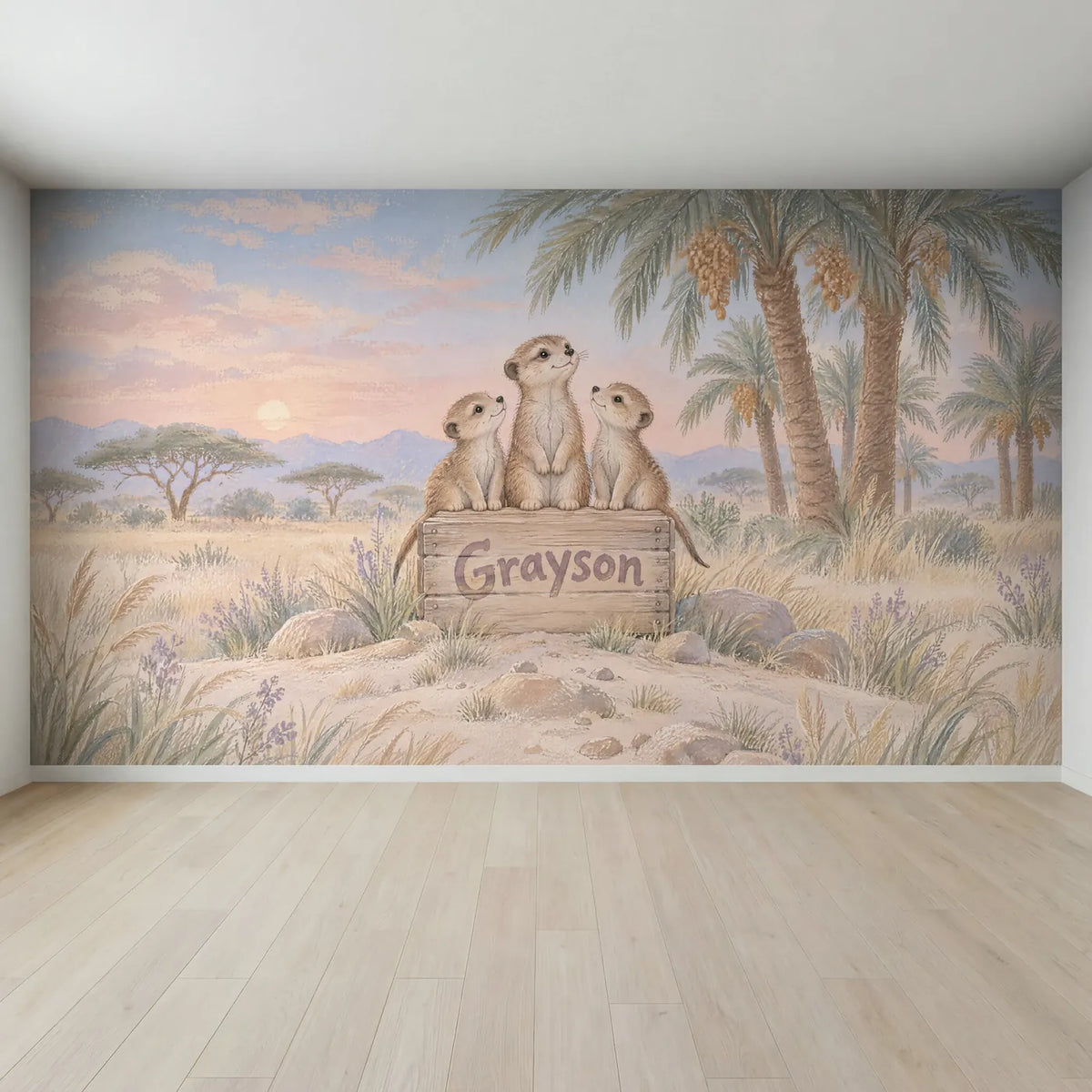 Gouache meerkat personalized wall mural for a nursery, full mural design, by Whimsy Tots