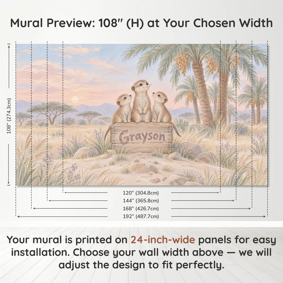 Gouache meerkat personalized wall mural for a nursery, panel layout and size, by Whimsy Tots