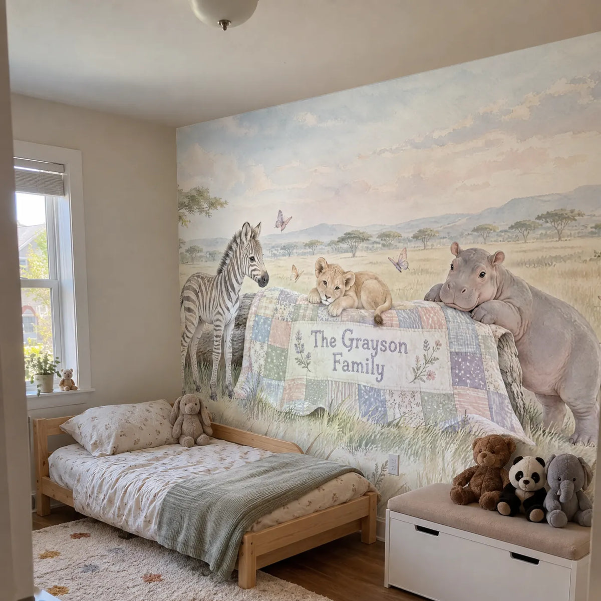 Watercolor safari personalized wall mural for a toddler room, in a room photo, by Whimsy Tots