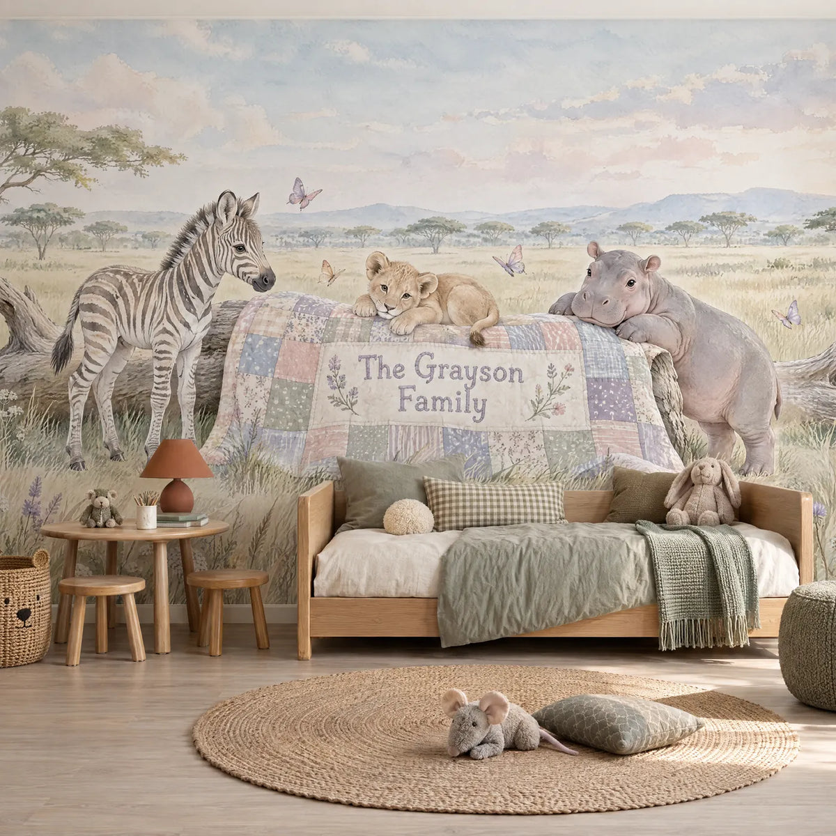 Watercolor safari personalized wall mural for a toddler room, in a styled room, by Whimsy Tots