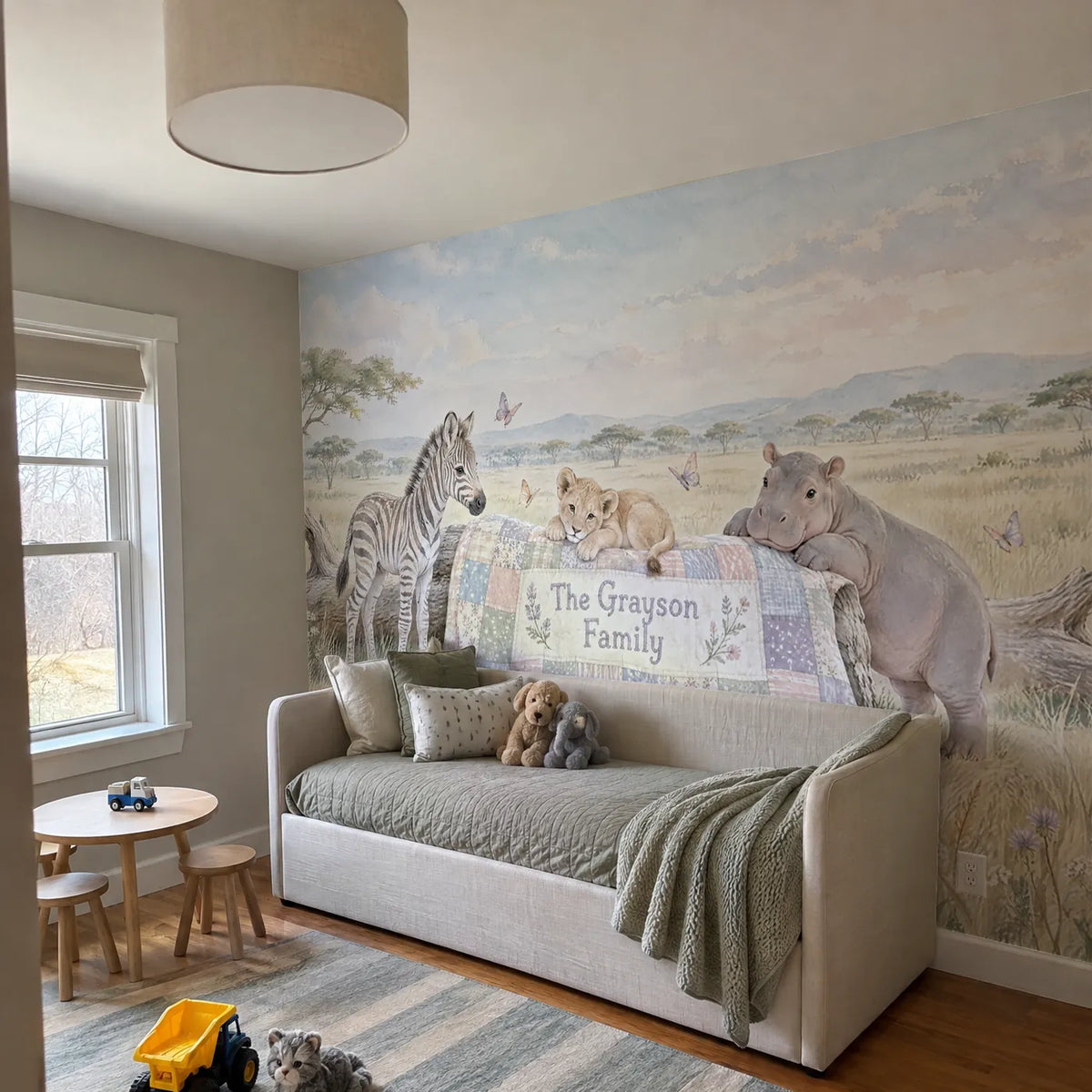 Watercolor safari personalized wall mural for a toddler room, in a room photo, by Whimsy Tots