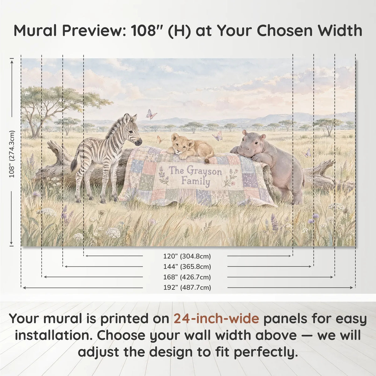 Watercolor safari personalized wall mural for a toddler room, panel layout and size, by Whimsy Tots