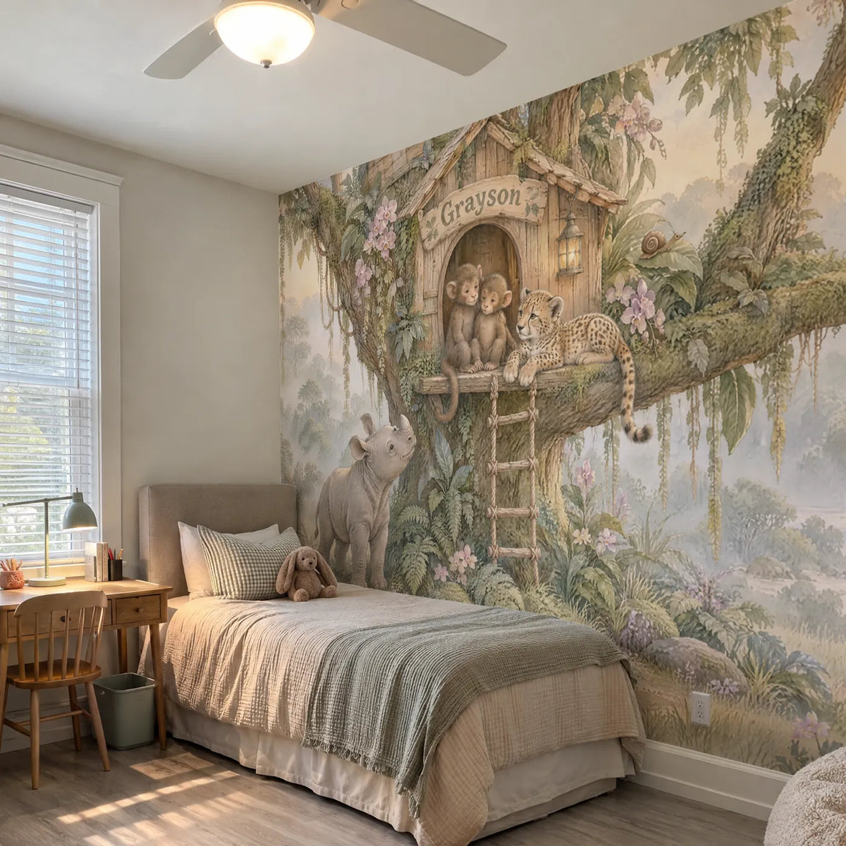 Storybook treehouse personalized wall mural for a playroom, in a room photo, by Whimsy Tots