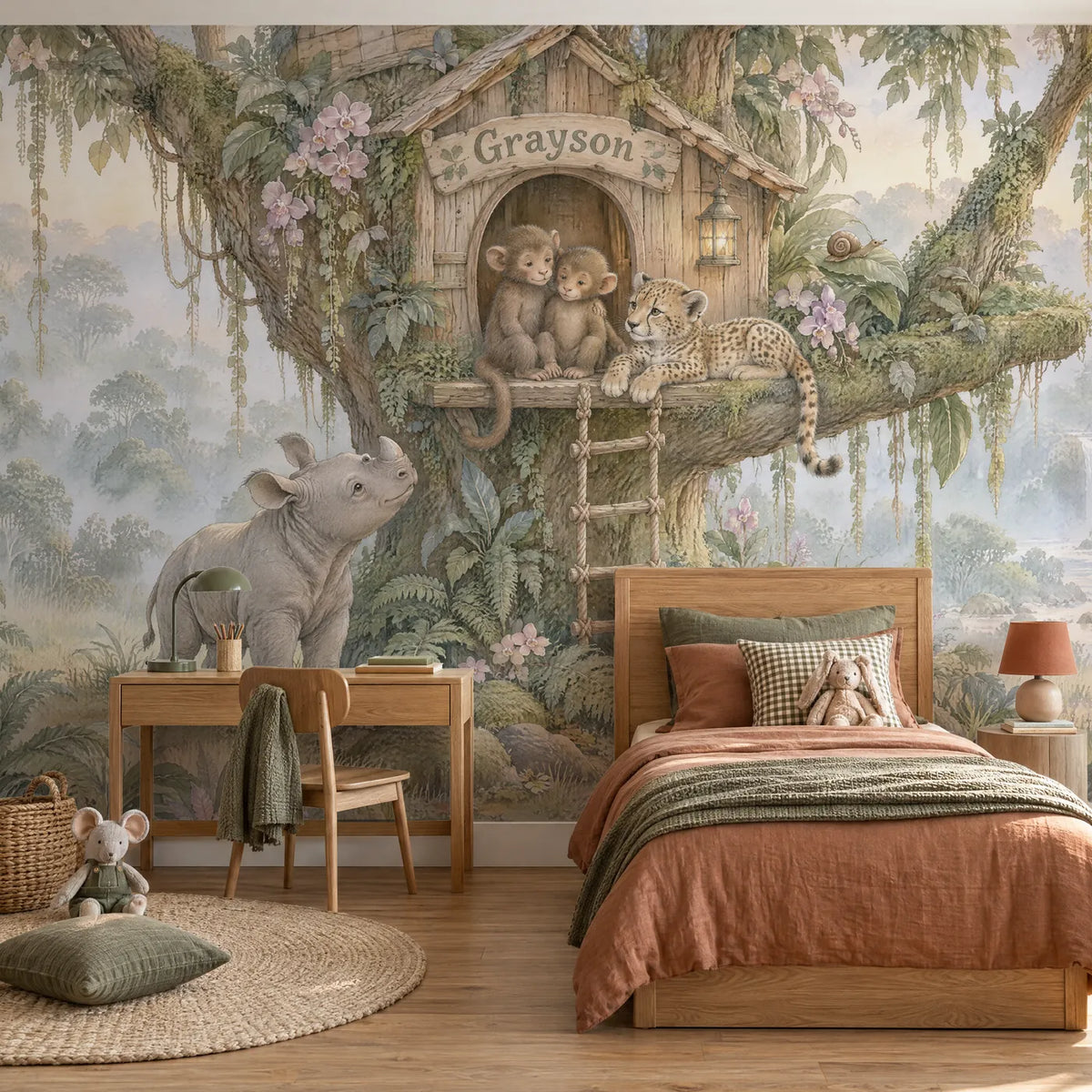 Storybook treehouse personalized wall mural for a playroom, in a styled room, by Whimsy Tots