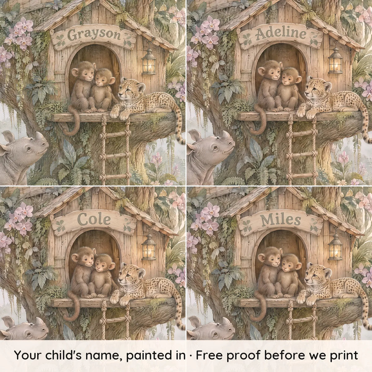 Storybook treehouse personalized wall mural for a playroom, with four example names, by Whimsy Tots