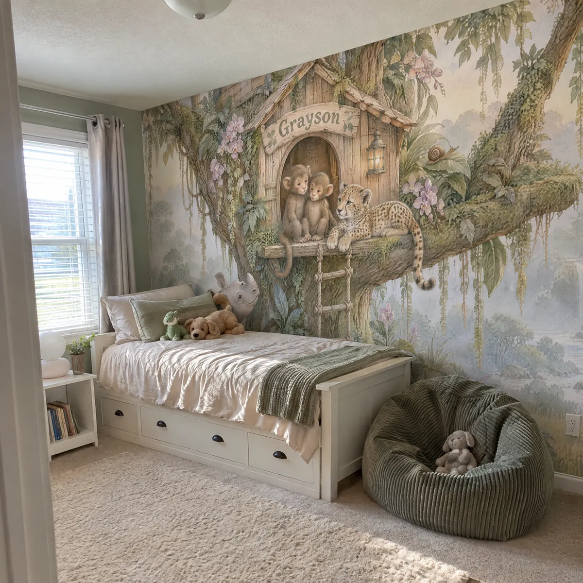 Storybook treehouse personalized wall mural for a playroom, in a room photo, by Whimsy Tots