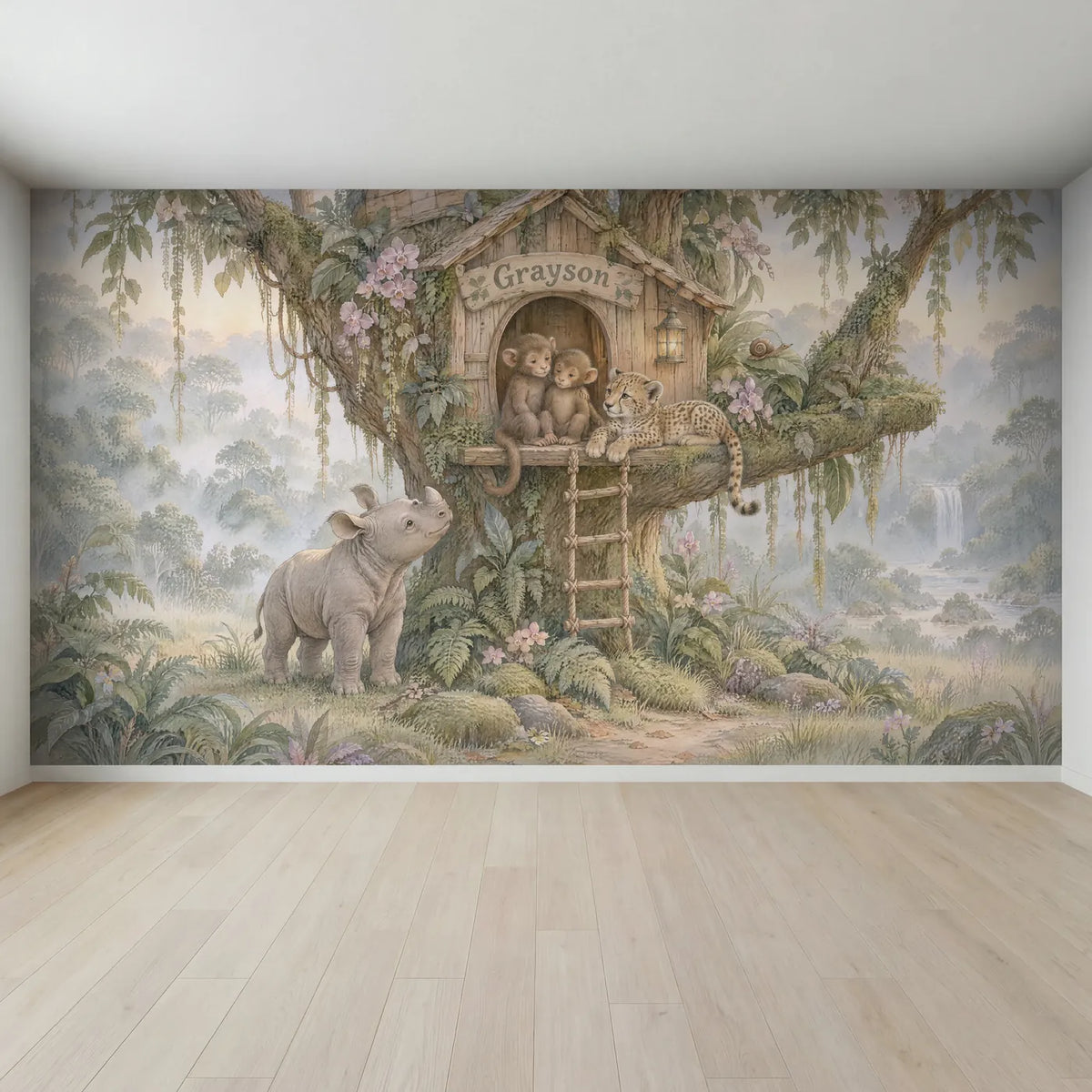 Storybook treehouse personalized wall mural for a playroom, full mural design, by Whimsy Tots