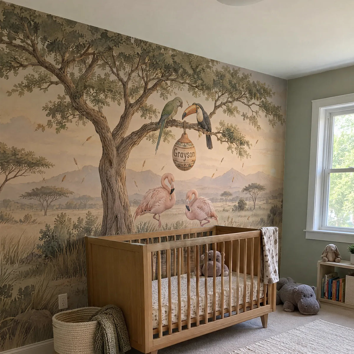 Watercolor flamingo personalized wall mural for a nursery, in a room photo, by Whimsy Tots
