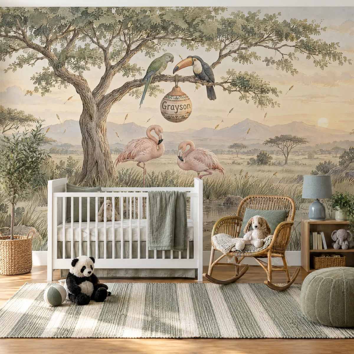 Watercolor flamingo personalized wall mural for a nursery, in a styled room, by Whimsy Tots