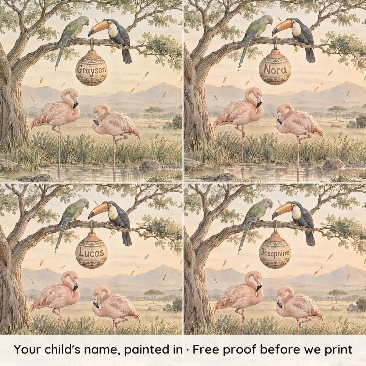 Watercolor flamingo personalized wall mural for a nursery, with four example names, by Whimsy Tots