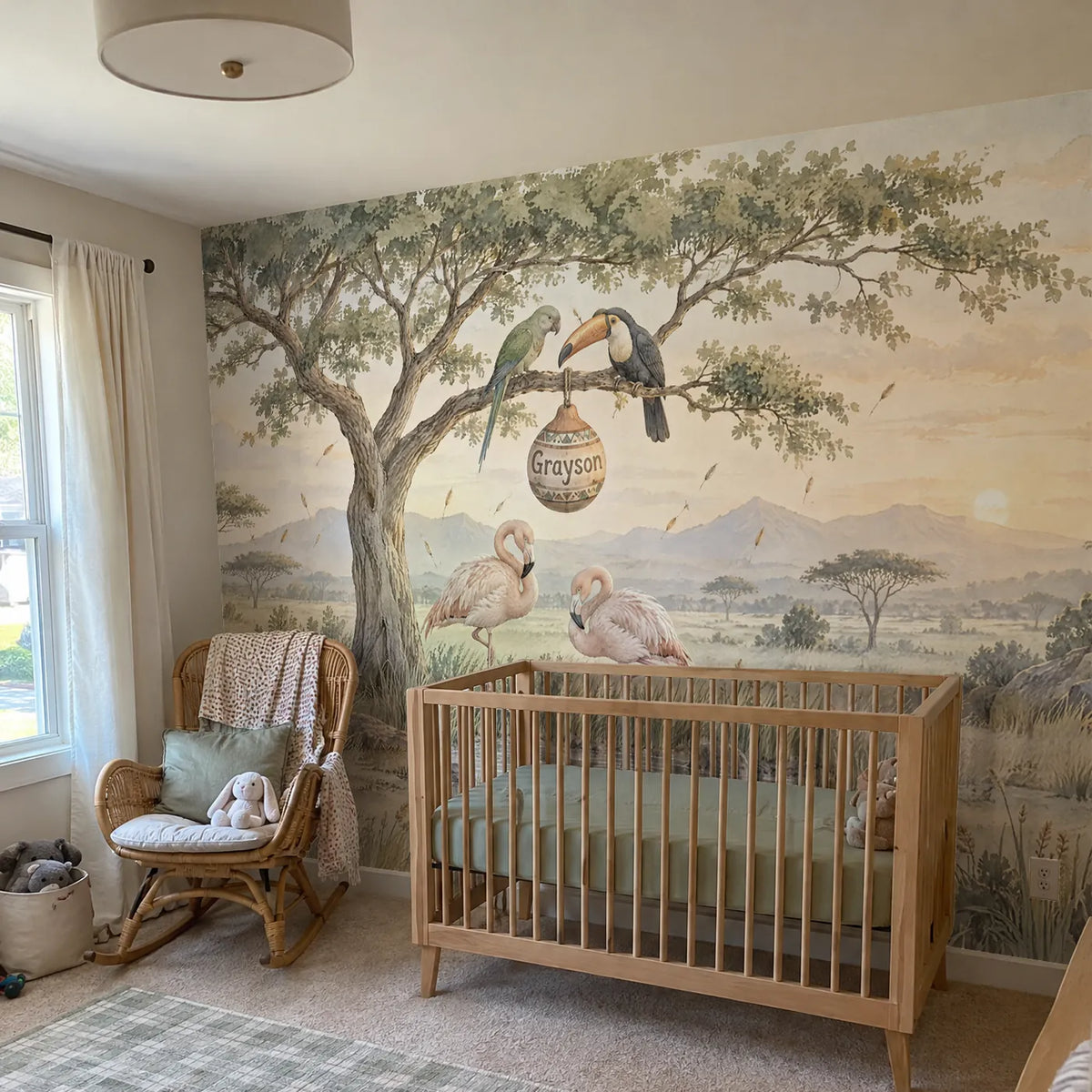 Watercolor flamingo personalized wall mural for a nursery, in a room photo, by Whimsy Tots