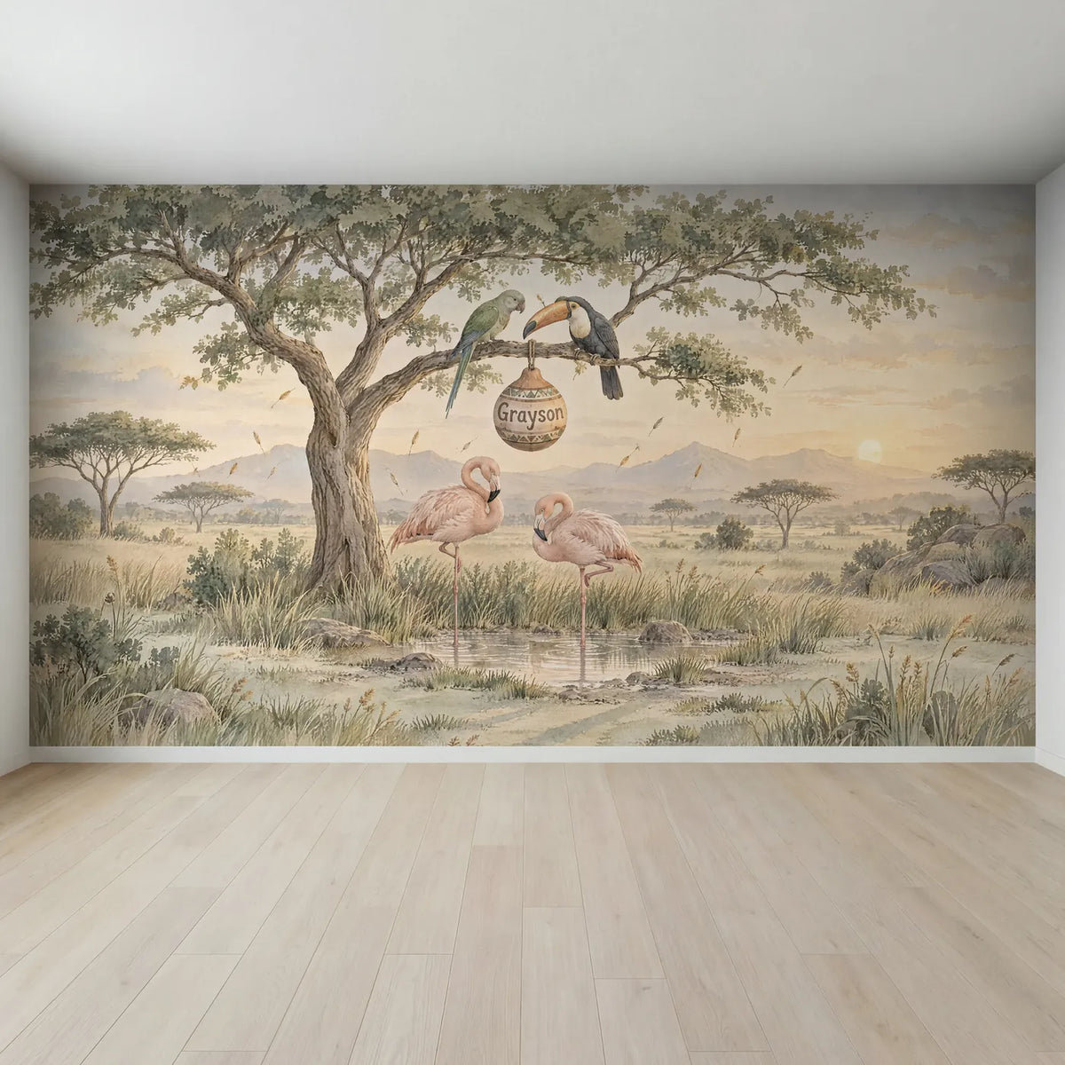 Watercolor flamingo personalized wall mural for a nursery, full mural design, by Whimsy Tots