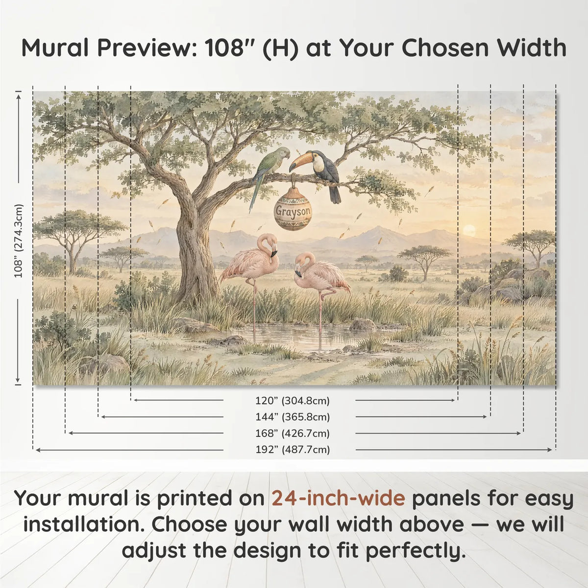 Watercolor flamingo personalized wall mural for a nursery, panel layout and size, by Whimsy Tots