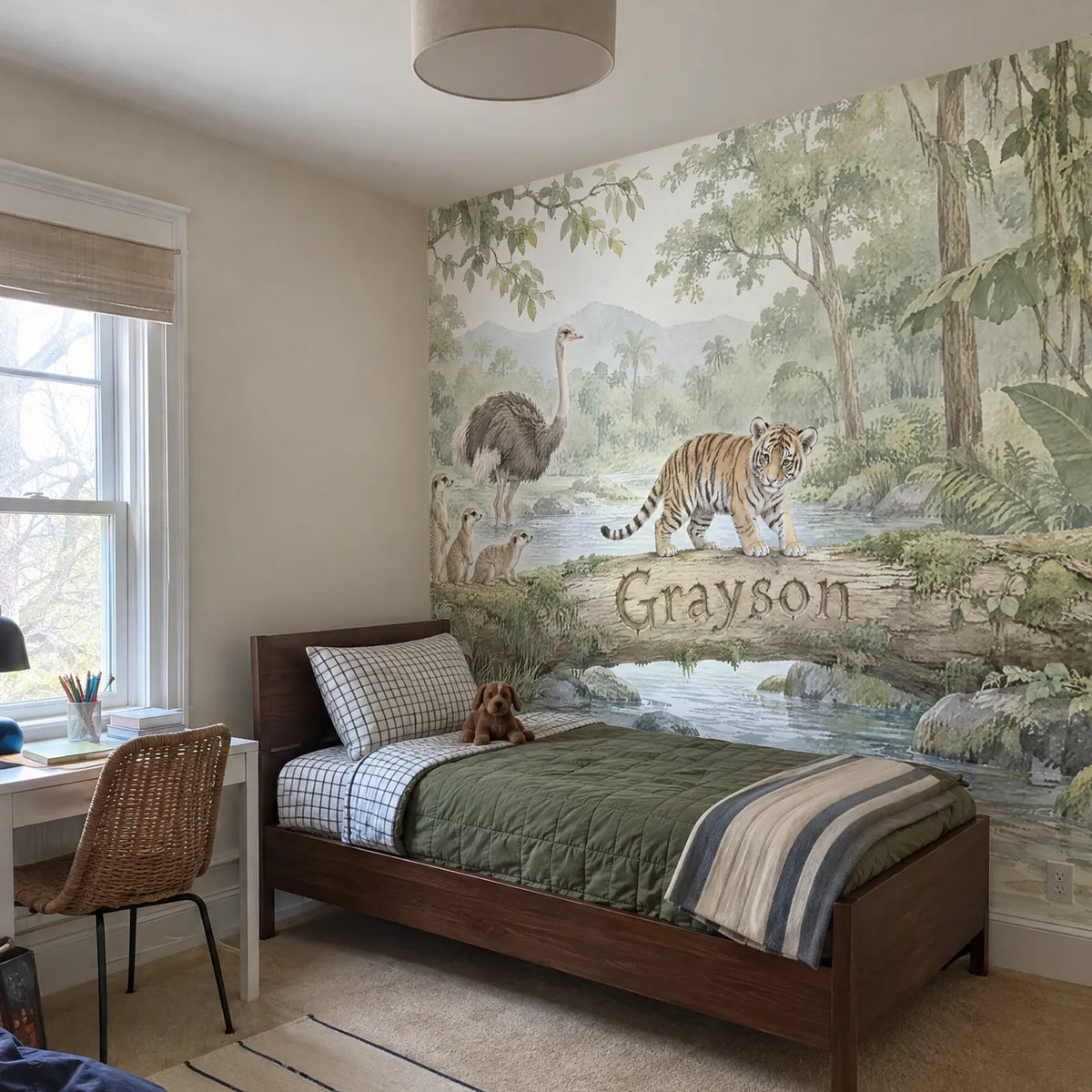 Watercolor tiger personalized wall mural for a playroom, in a room photo, by Whimsy Tots
