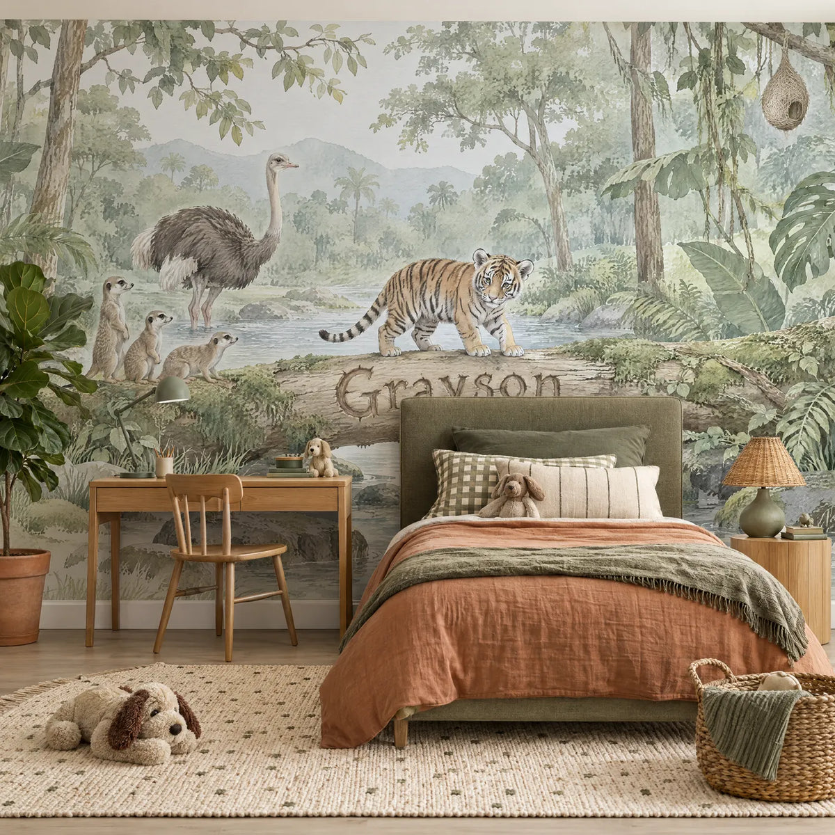 Watercolor tiger personalized wall mural for a playroom, in a styled room, by Whimsy Tots