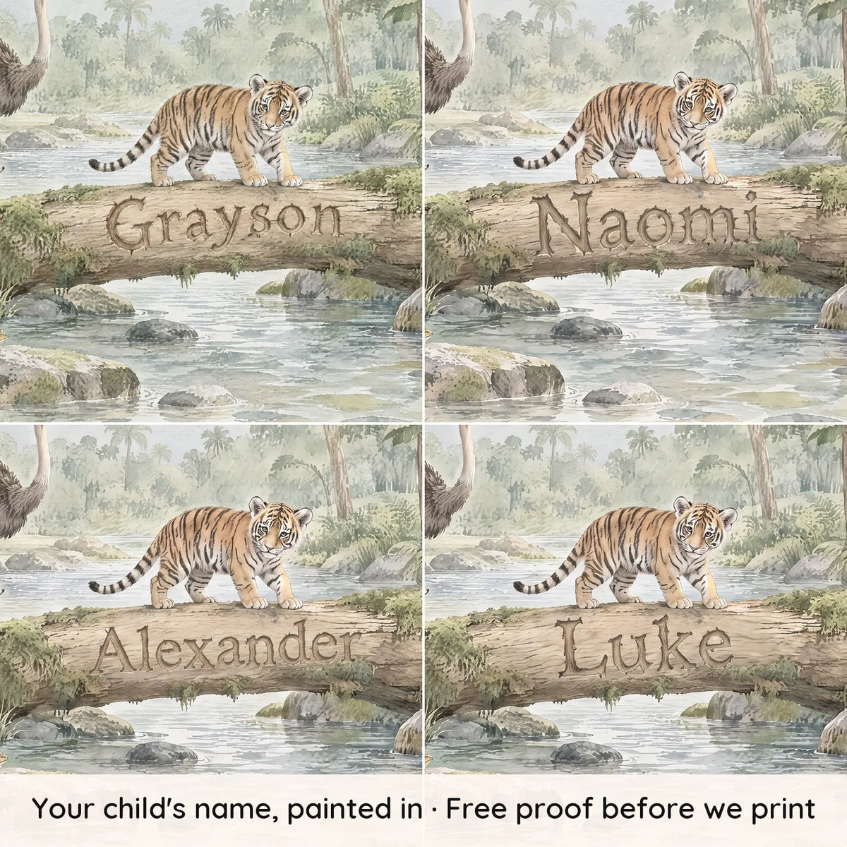 Watercolor tiger personalized wall mural for a playroom, with four example names, by Whimsy Tots