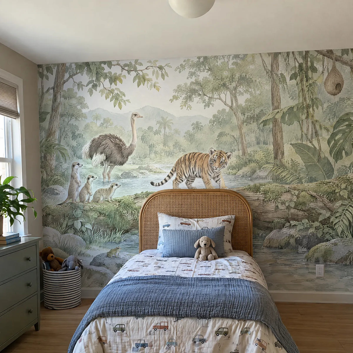 Watercolor tiger personalized wall mural for a playroom, in a room photo, by Whimsy Tots