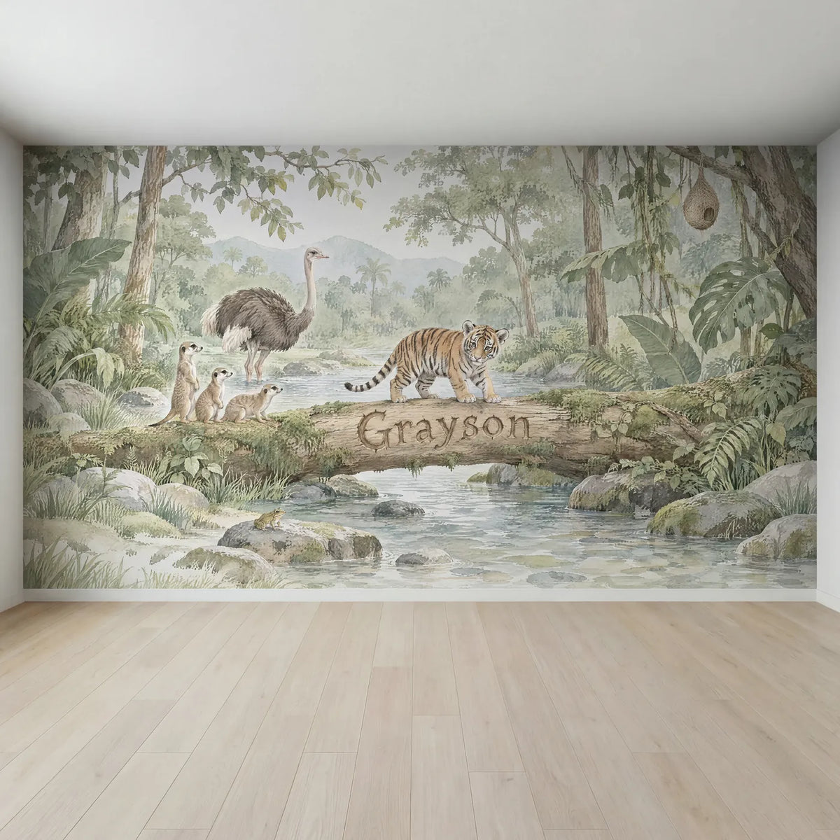 Watercolor tiger personalized wall mural for a playroom, full mural design, by Whimsy Tots