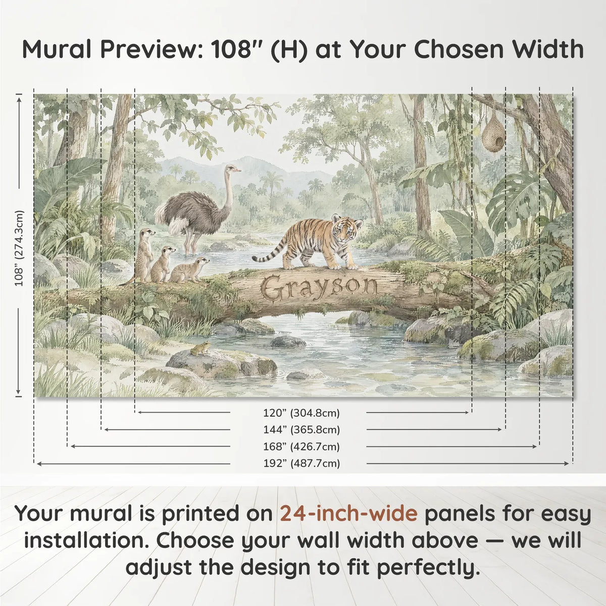 Watercolor tiger personalized wall mural for a playroom, panel layout and size, by Whimsy Tots