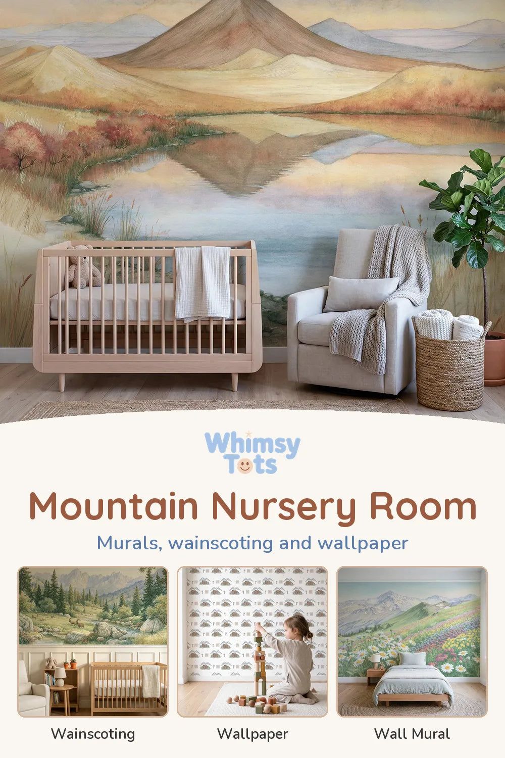 Mountain Nursery Room by Whimsy Tots: Dusk Volcano Hill Lake Wallpaper Mural, The Sawtooth Ridge Wainscoting Wallpaper, Log Cabin Hand-Drawn Wallpaper and Alpine Wildflower Meadow Wallpaper Mural