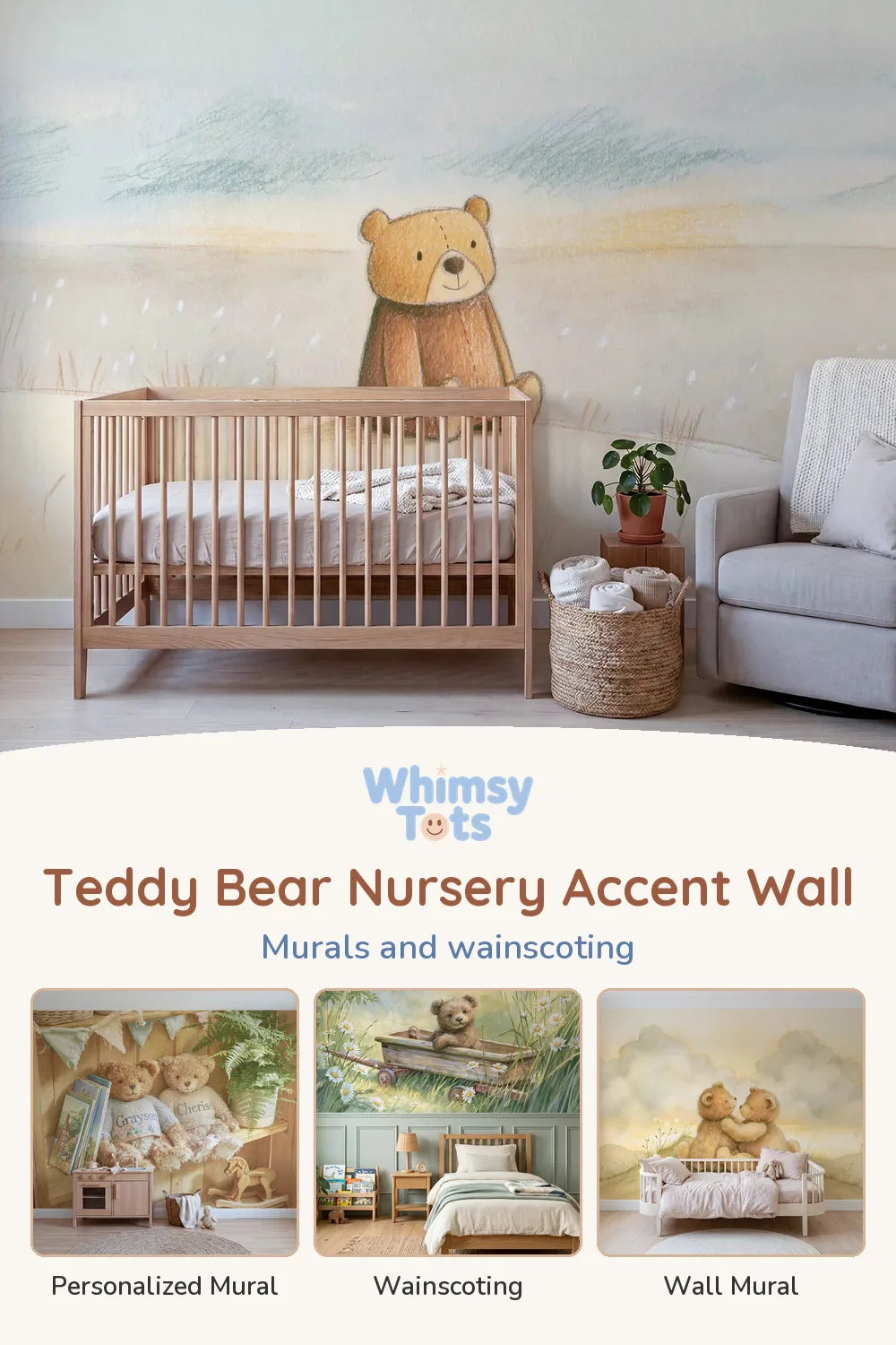 Teddy Bear Nursery Accent Wall by Whimsy Tots: Soft Sketch Teddy Wallpaper Mural, Two Teddies on the Shelf Personalized Wall Mural, Teddy Wagon Garden Ride Wainscoting Wallpaper and Cuddly Bunny Friend Wallpaper Mural