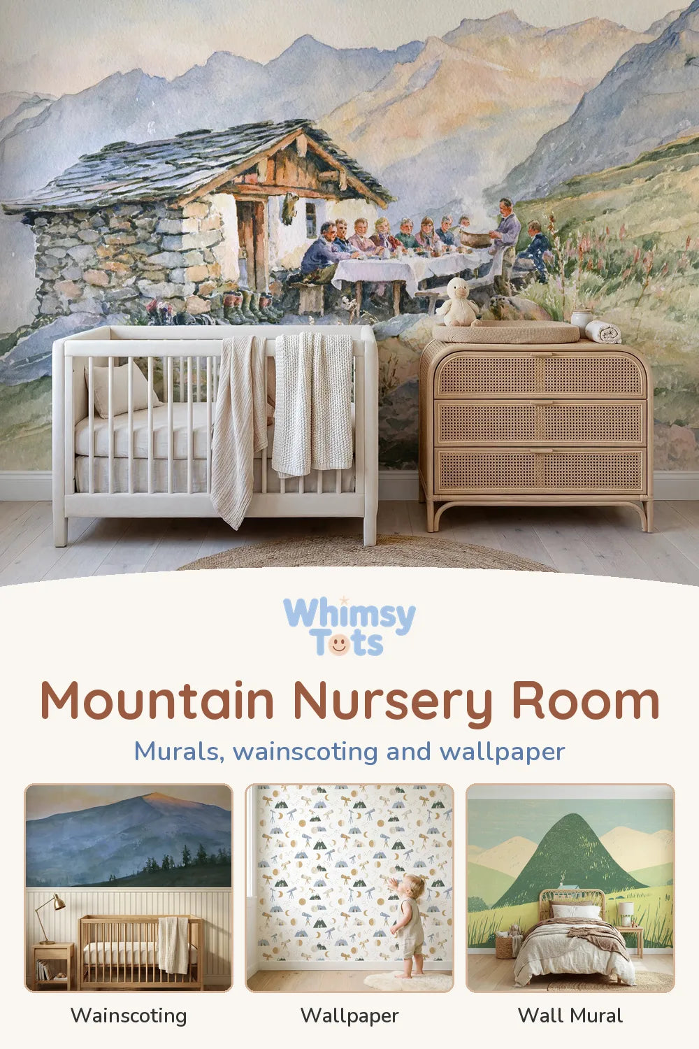 Mountain Nursery Room by Whimsy Tots: Supper at the Mountain Hut Wallpaper Mural, The Summit Catches It First Wainscoting Wallpaper, Telescope Stargazing Soft Pastel Wallpaper and Linocut Morning Rolling Hills Wallpaper Mural