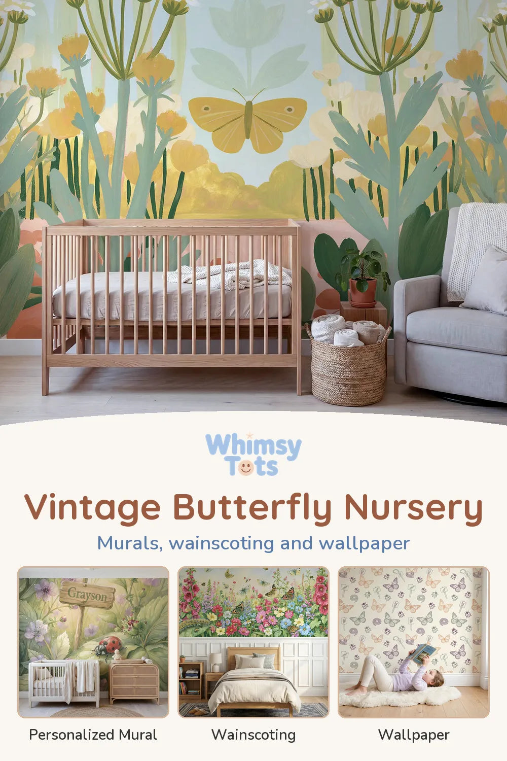 Vintage Butterfly Nursery by Whimsy Tots: Folk Butterfly Bold Wallpaper Mural, Cheerful Little Ladybug Personalized Wall Mural, Butterflies In The Border Wainscoting Wallpaper and Monarch Butterfly Mid-Flight Hand-Drawn Wallpaper
