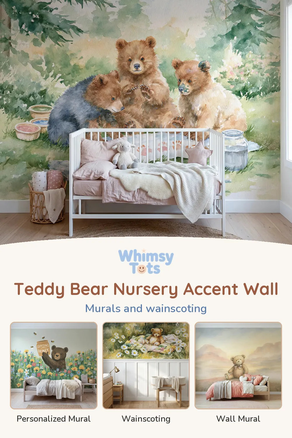 Teddy Bear Nursery Accent Wall by Whimsy Tots: Paw Print Painting Wallpaper Mural, Honey Bear Pot Personalized Wall Mural, Teddy Quilt Garden Detail Wainscoting Wallpaper and Teddy Bow Friend Wallpaper Mural