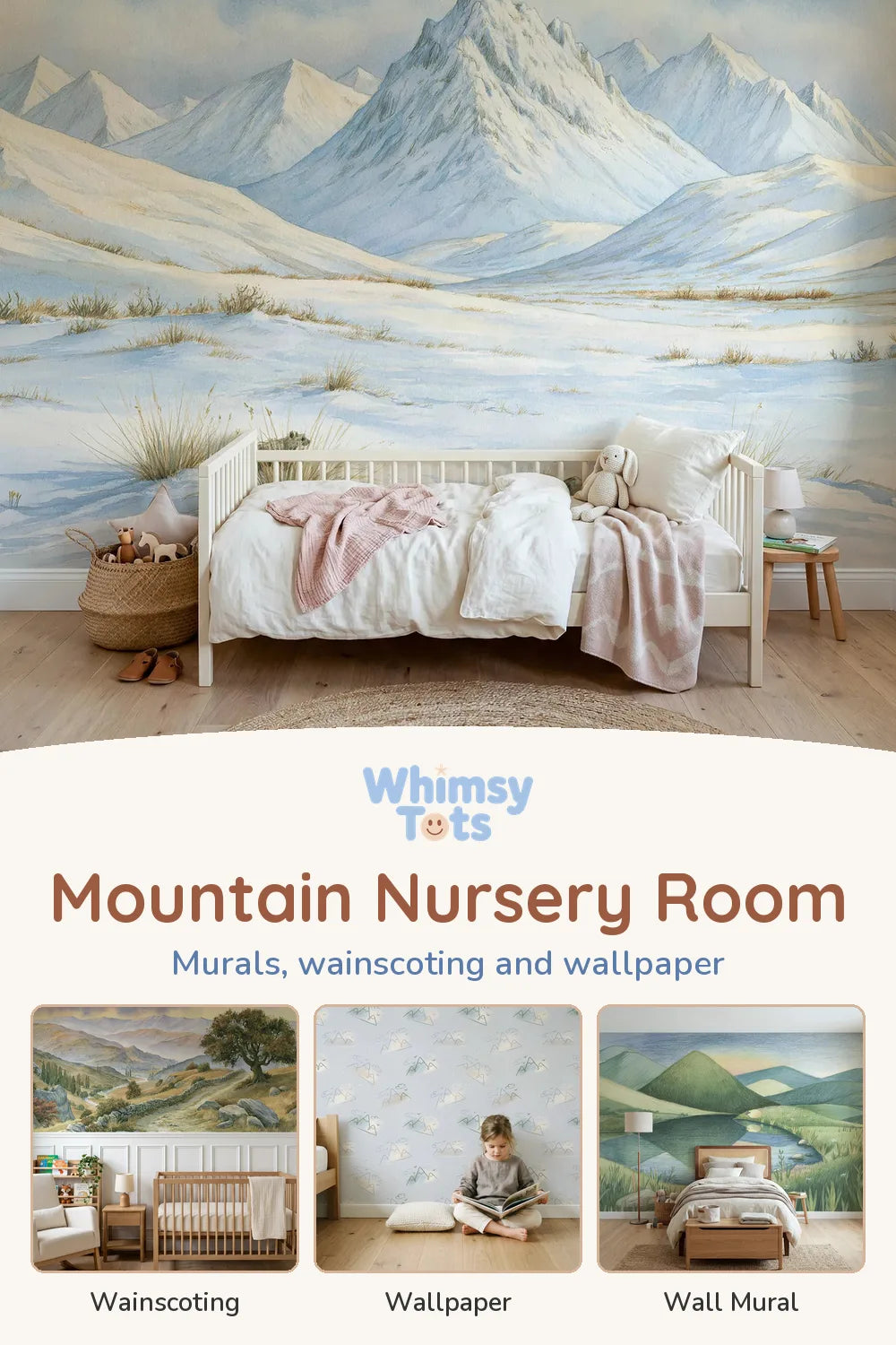 Mountain Nursery Room by Whimsy Tots: Morning Alpine Peaks Wallpaper Mural, Topping Out At The Pass Wainscoting Wallpaper, Minimalist Mountain Soft Pastel Wallpaper and Pencil Dusk Heather Moor Wallpaper Mural