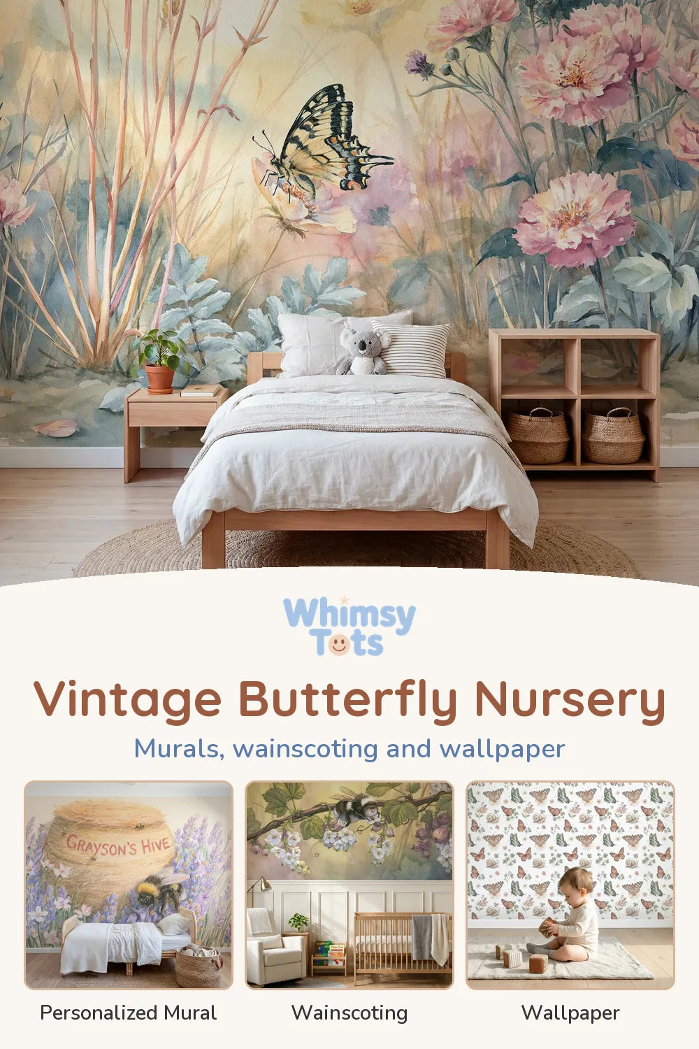 Vintage Butterfly Nursery by Whimsy Tots: Swallowtail Wing Study Wallpaper Mural, Fuzzy Bumblebee Lavender Personalized Wall Mural, Bending The Bloom Wainscoting Wallpaper and Painted Lady Resting Watercolor Wallpaper