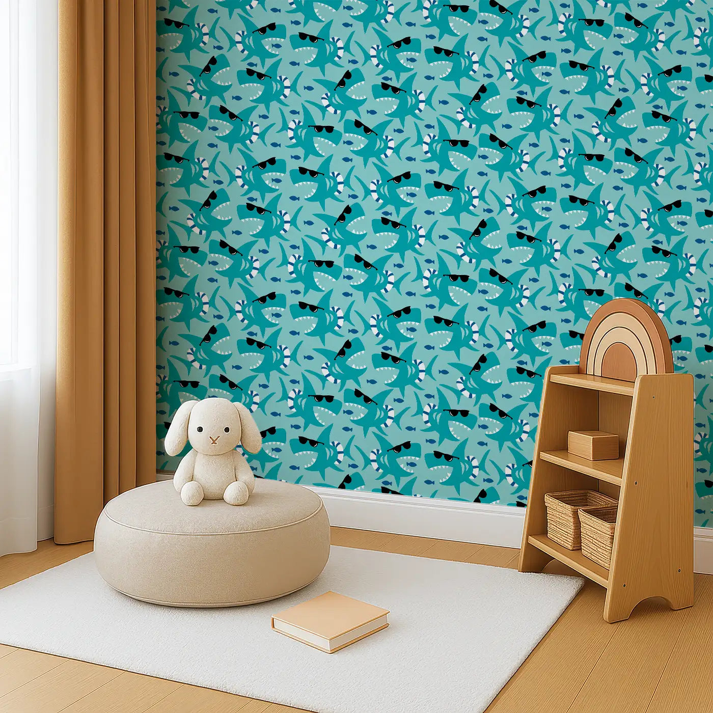Angled view of Whimsy Tots' Cool Sharks Wallpaper (W0479).Playful sharks with shades add splashy fun to underwater adventures.