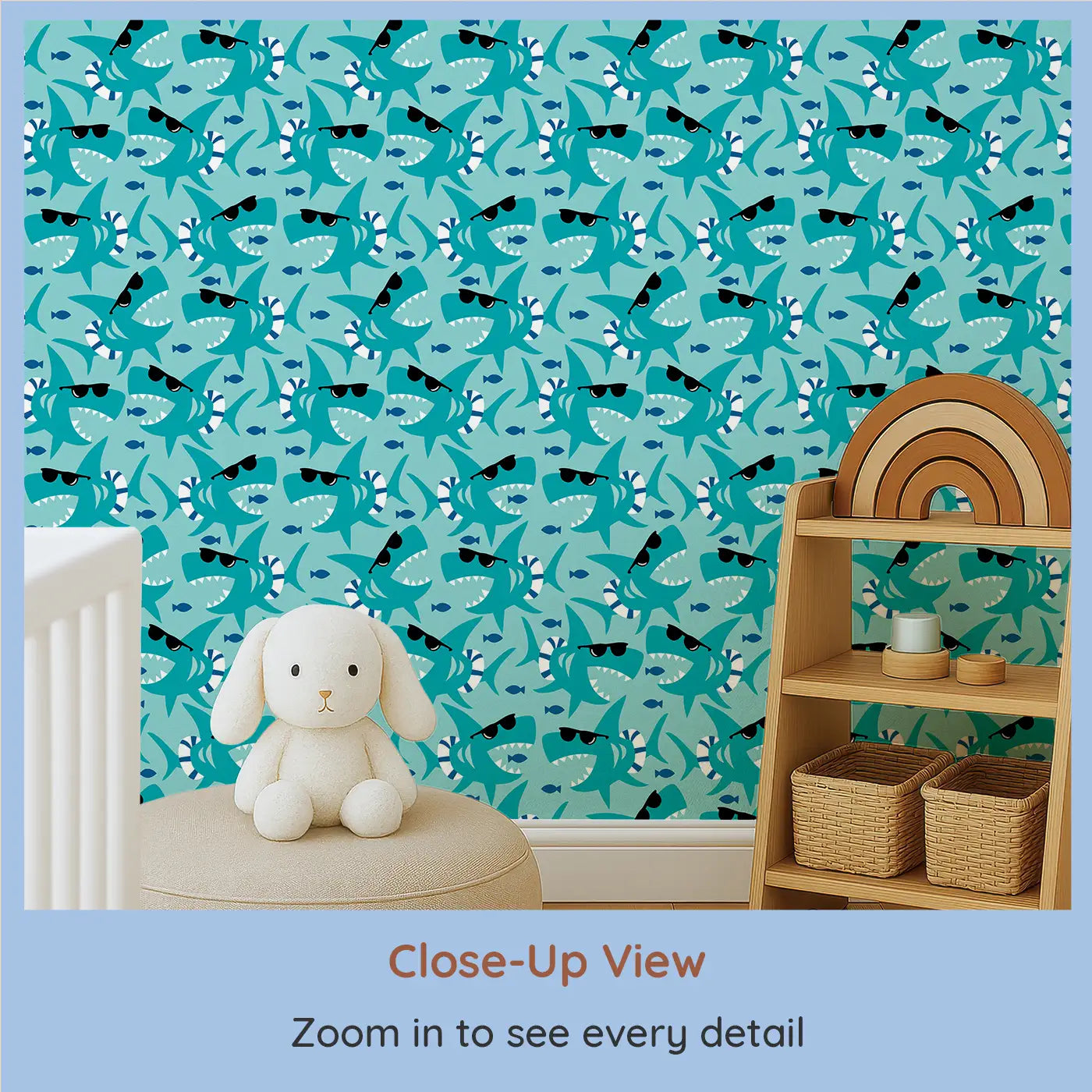 Close-up view of Whimsy Tots' Cool Sharks Wallpaper (W0479).Playful sharks with shades add splashy fun to underwater adventures.