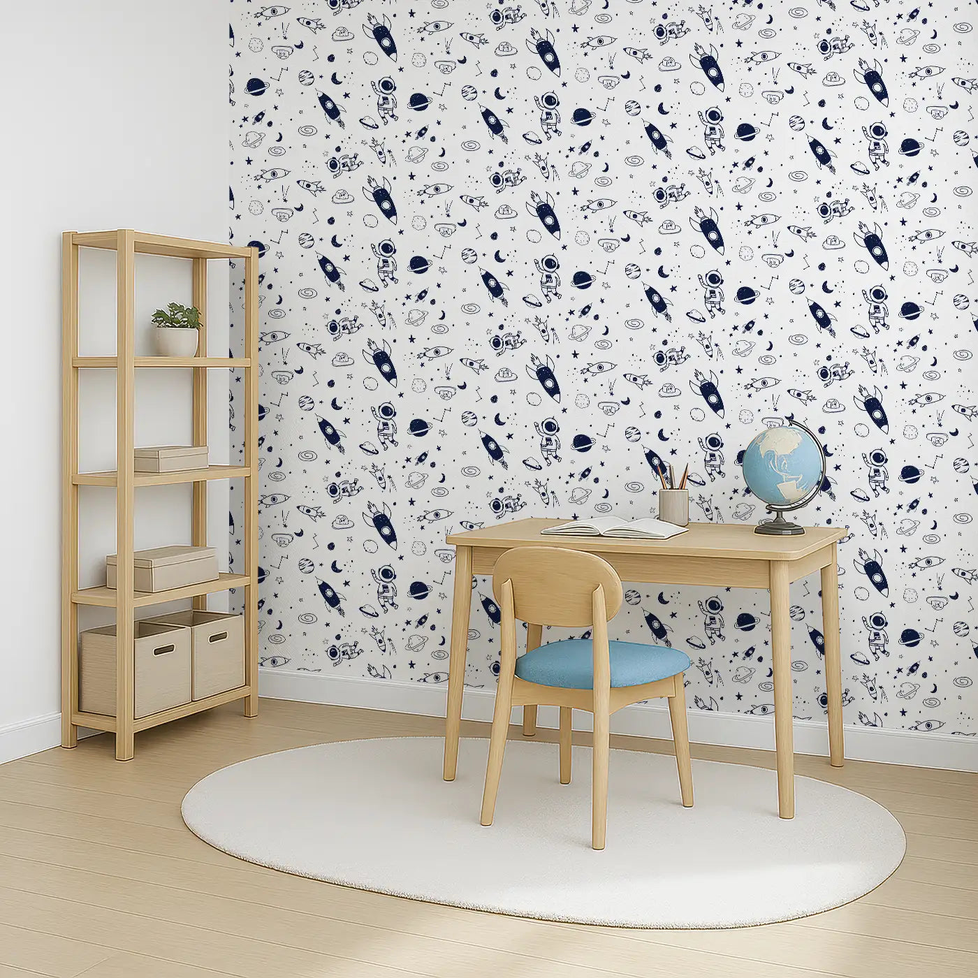 Angled view of Whimsy Tots' Cosmic Explorers Wallpaper (W0484).Rockets, planets and tiny astronauts set imaginations soaring.