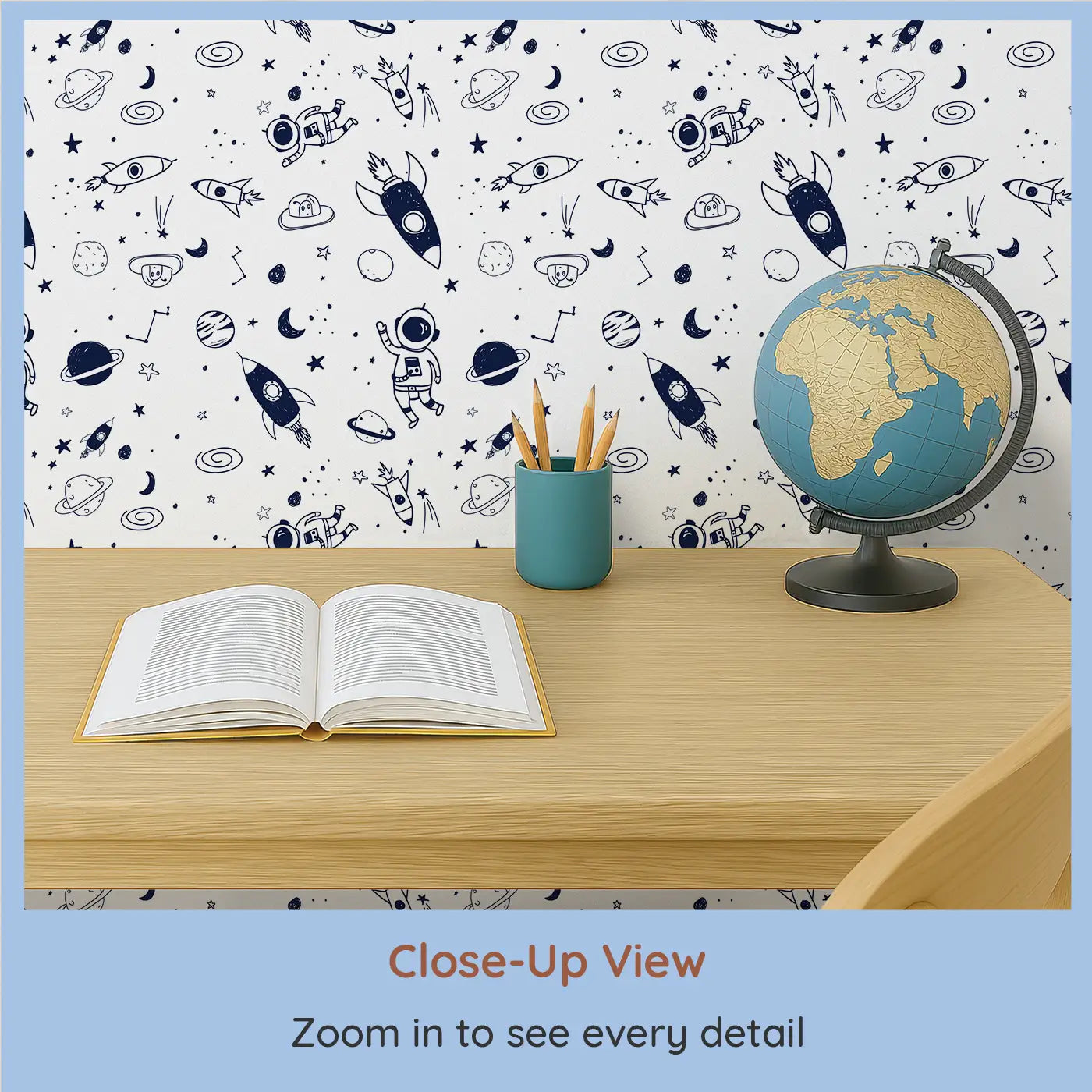 Close-up view of Whimsy Tots' Cosmic Explorers Wallpaper (W0484).Rockets, planets and tiny astronauts set imaginations soaring.
