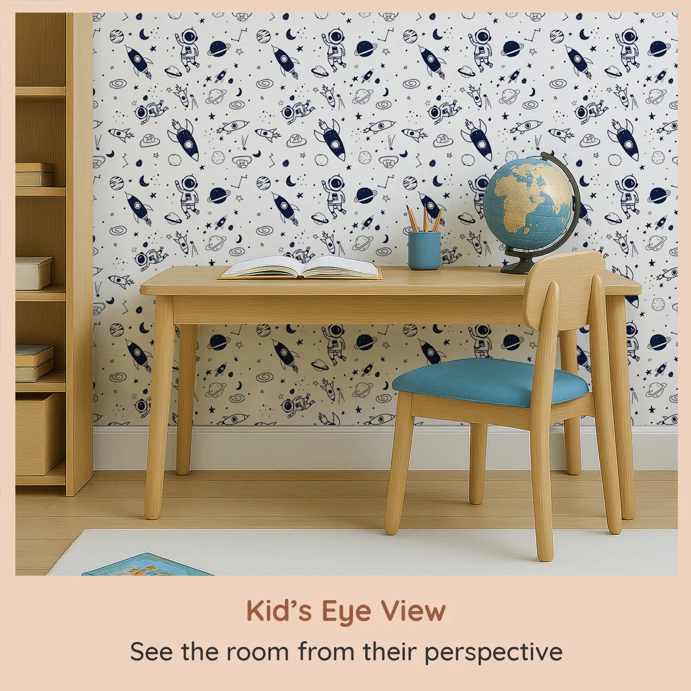 Whimsy Tots Cosmic Explorers Wallpaper (W0484) from your child's view.Rockets, planets and tiny astronauts set imaginations soaring.