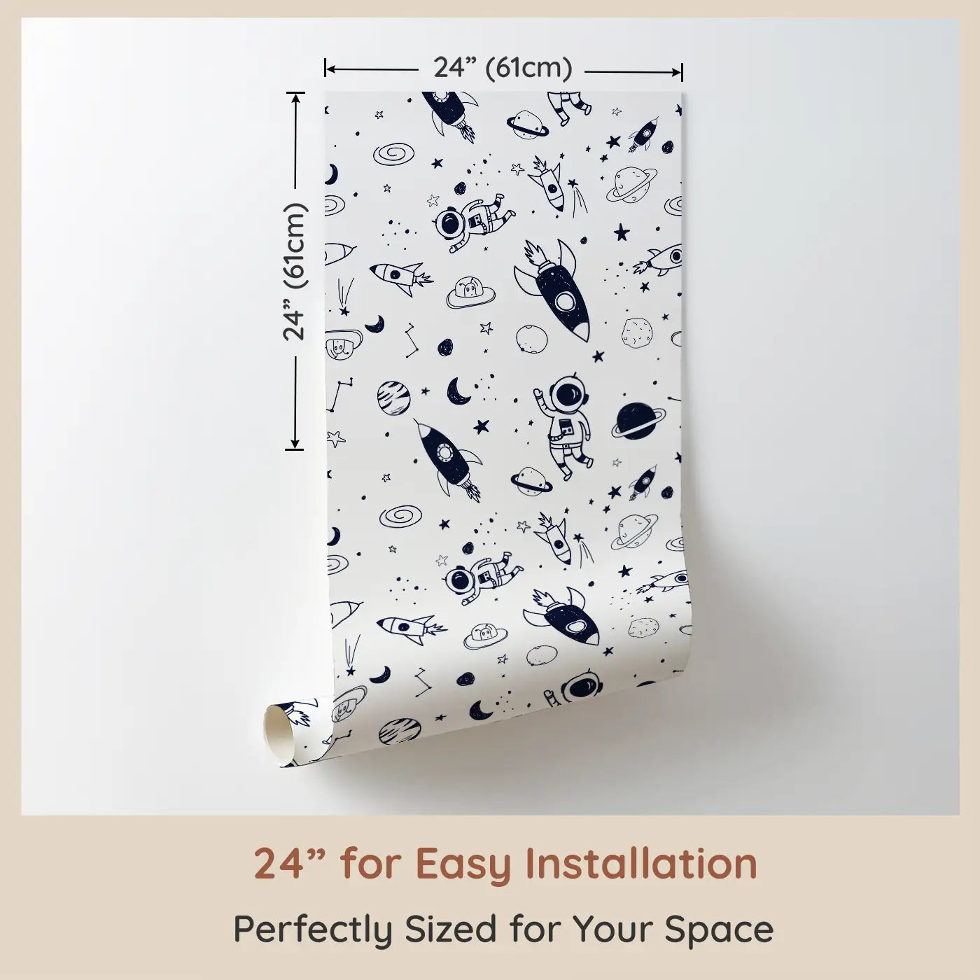 Dimension view of Whimsy Tots Cosmic Explorers Wallpaper (W0484). Printed in 24-inch-wide panel for easy installation. Rockets, planets and tiny astronauts set imaginations soaring.