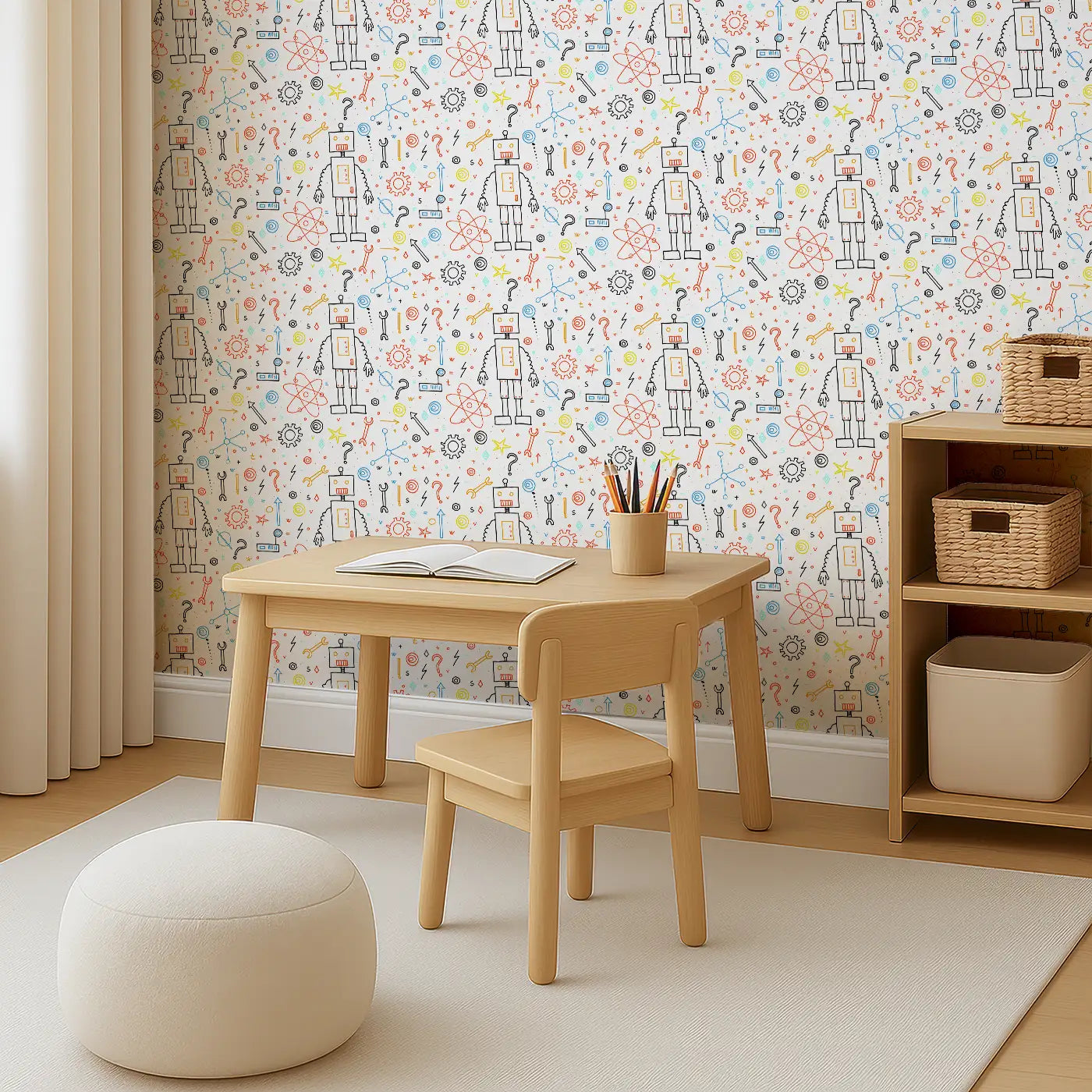 Angled view of Whimsy Tots' Gizmo Galaxy Wallpaper (W0487).Whimsical robots and circuits inspire big-brain adventures.