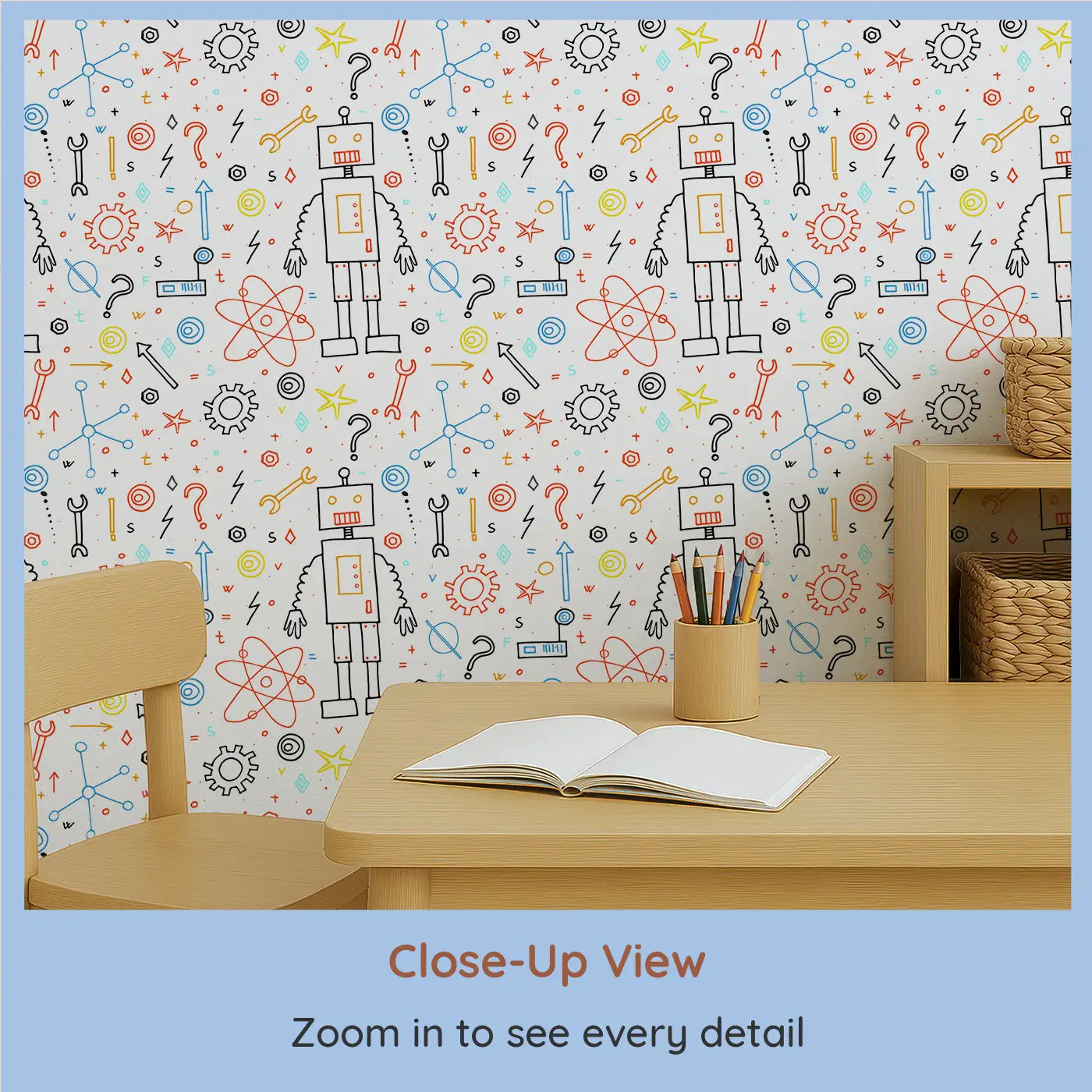 Close-up view of Whimsy Tots' Gizmo Galaxy Wallpaper (W0487).Whimsical robots and circuits inspire big-brain adventures.