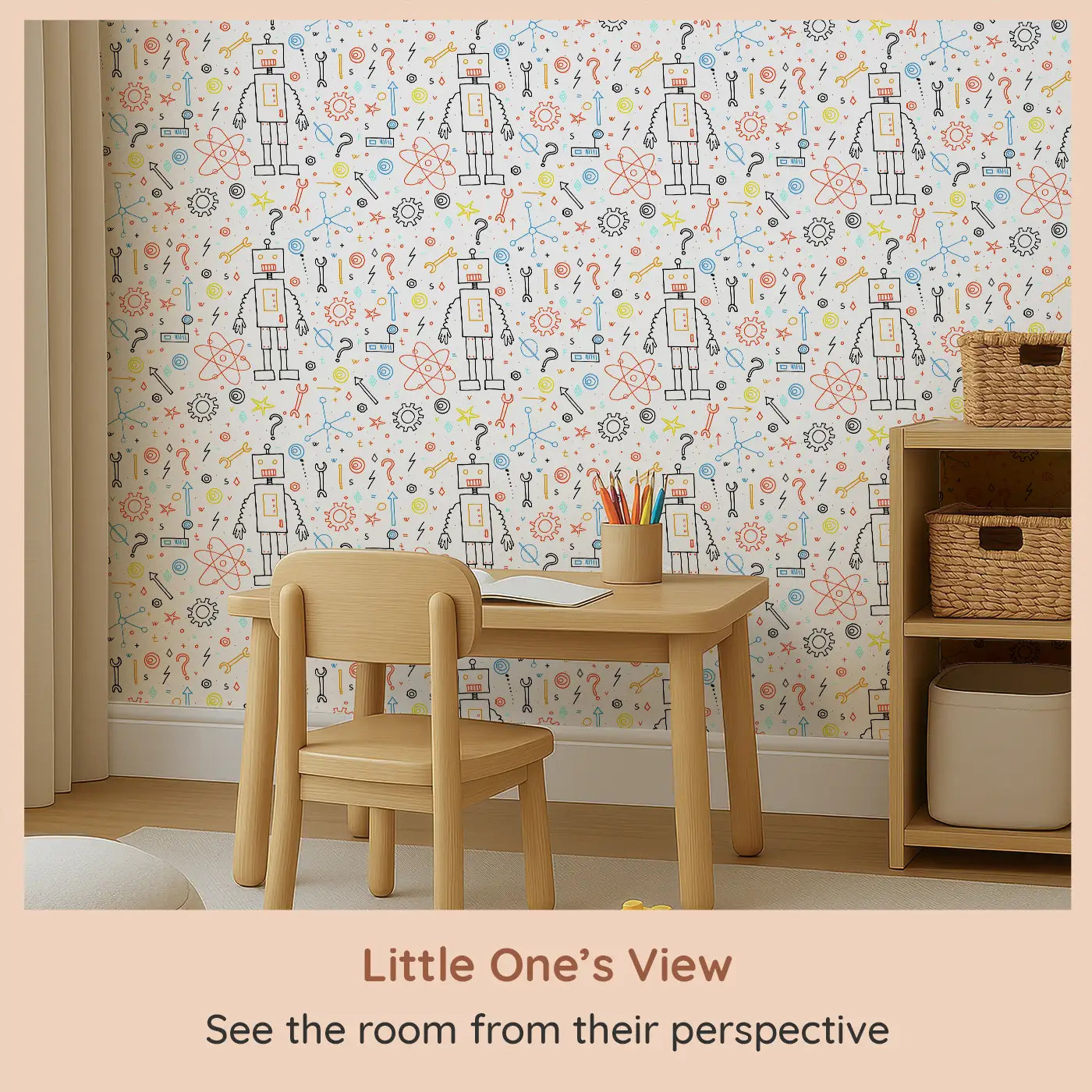 Whimsy Tots Gizmo Galaxy Wallpaper (W0487) from your child's view.Whimsical robots and circuits inspire big-brain adventures.
