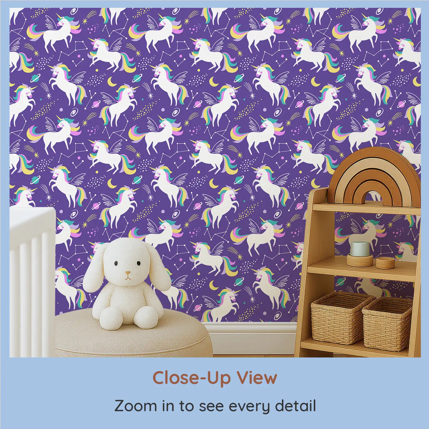 Close-up view of Whimsy Tots' Cosmic Unicorn Dreams Wallpaper (W0493).Unicorns leap through stars in a magical cosmic dance.